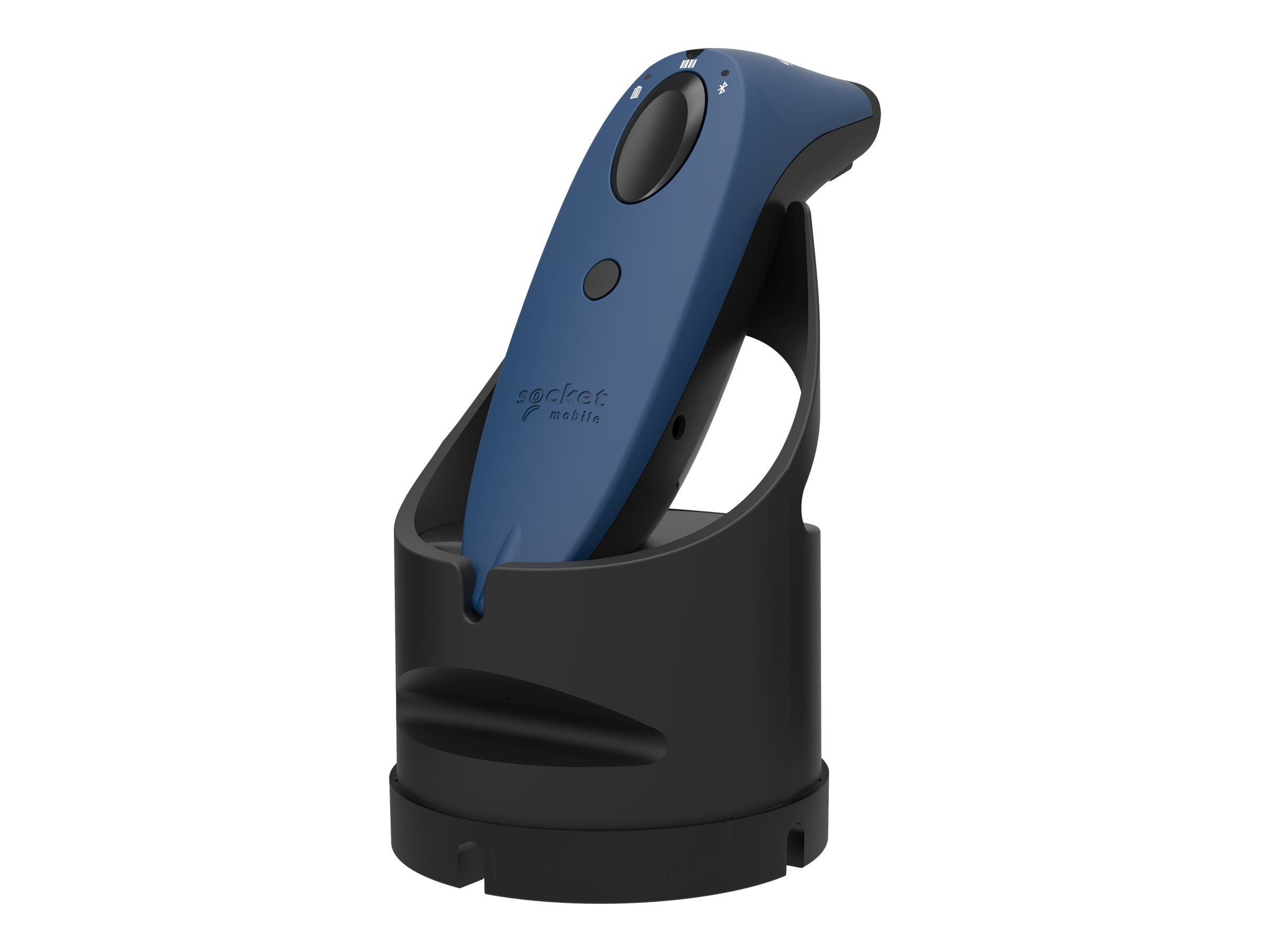 Uno scanner Socket Mobile blu in una base di ricarica nera. Lo scanner è angolato.