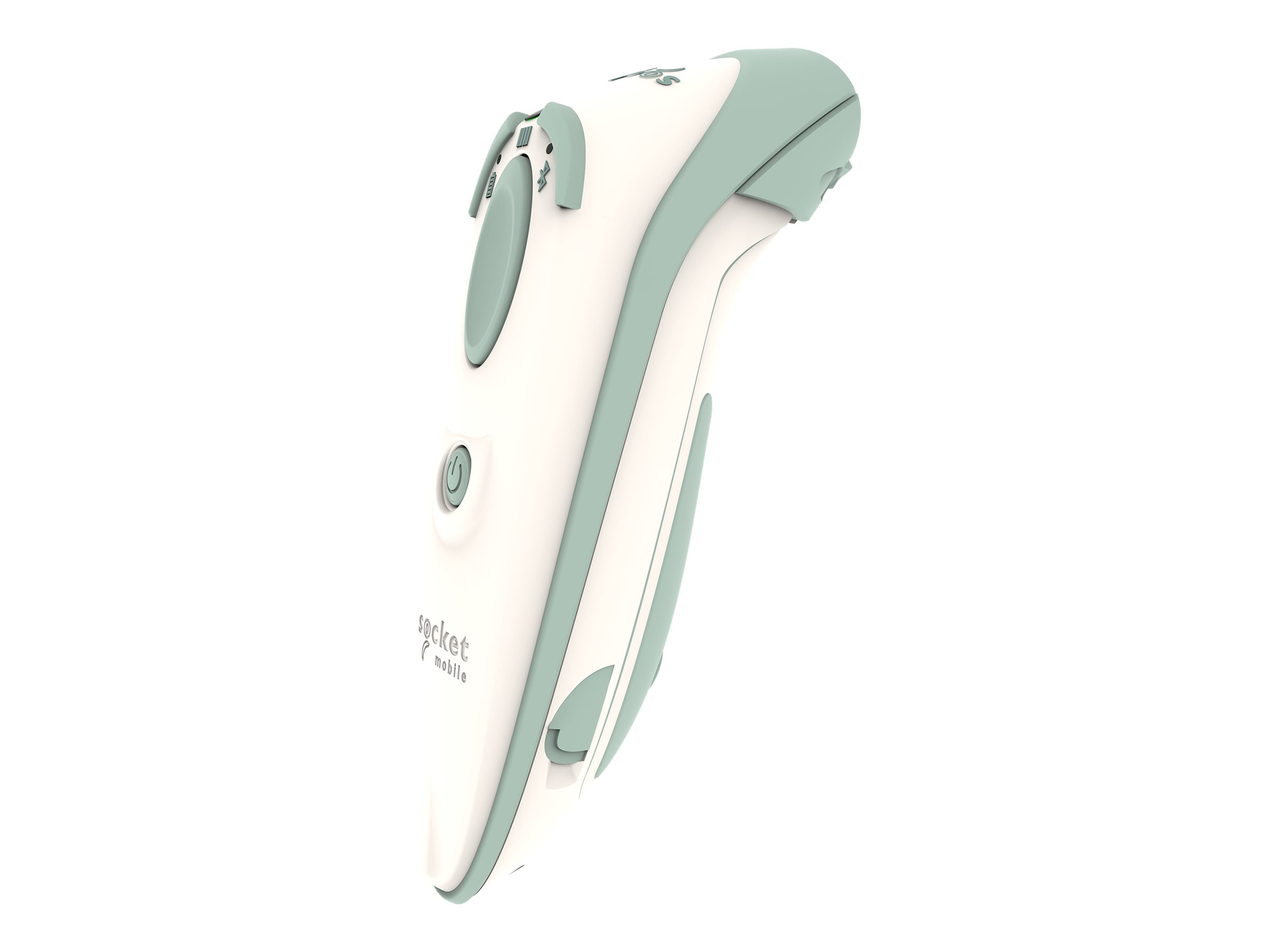 Scanner portatile bianco e verde con pulsanti.