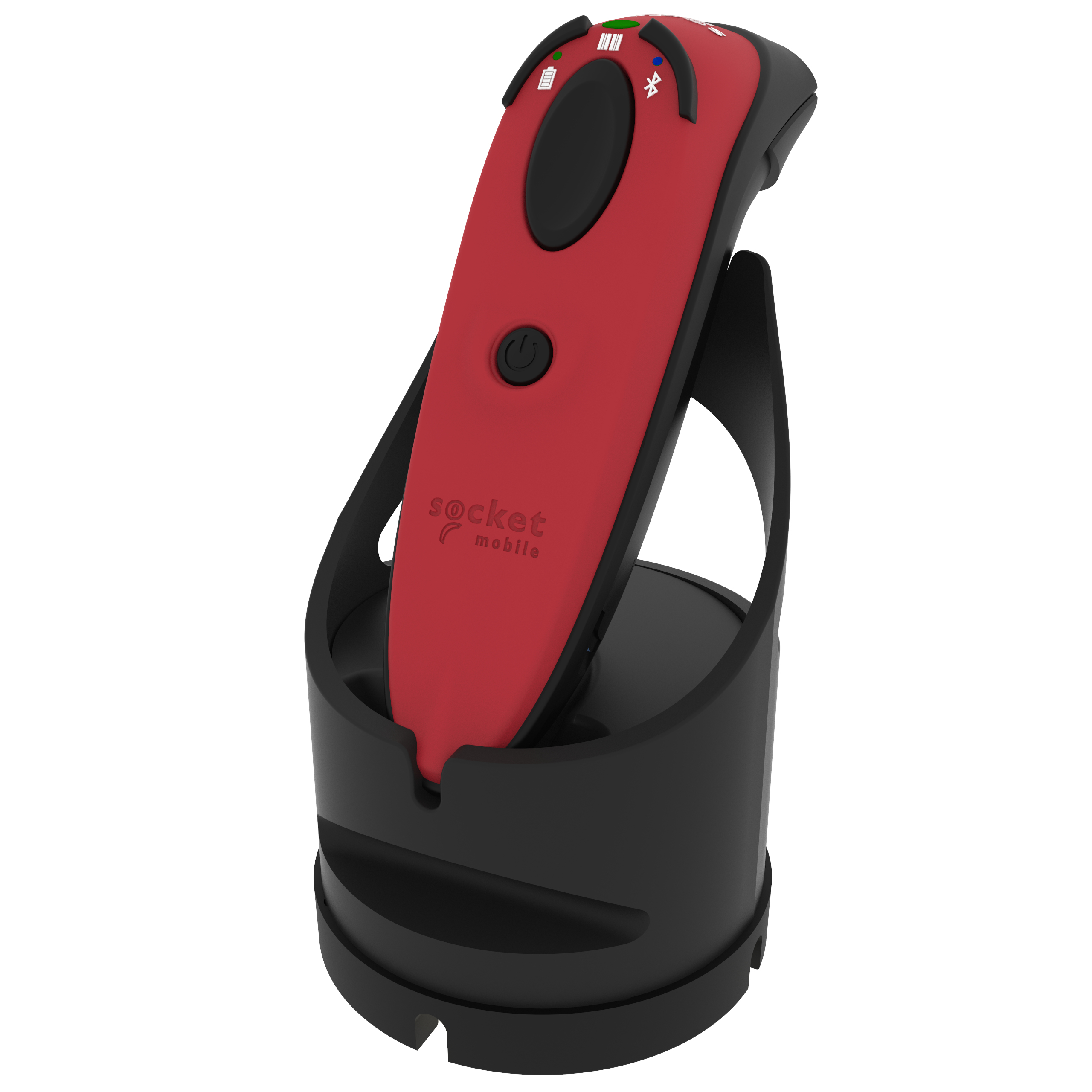 Lettore di codici a barre Socket Mobile rosso in una base di ricarica nera. Sfondo bianco.