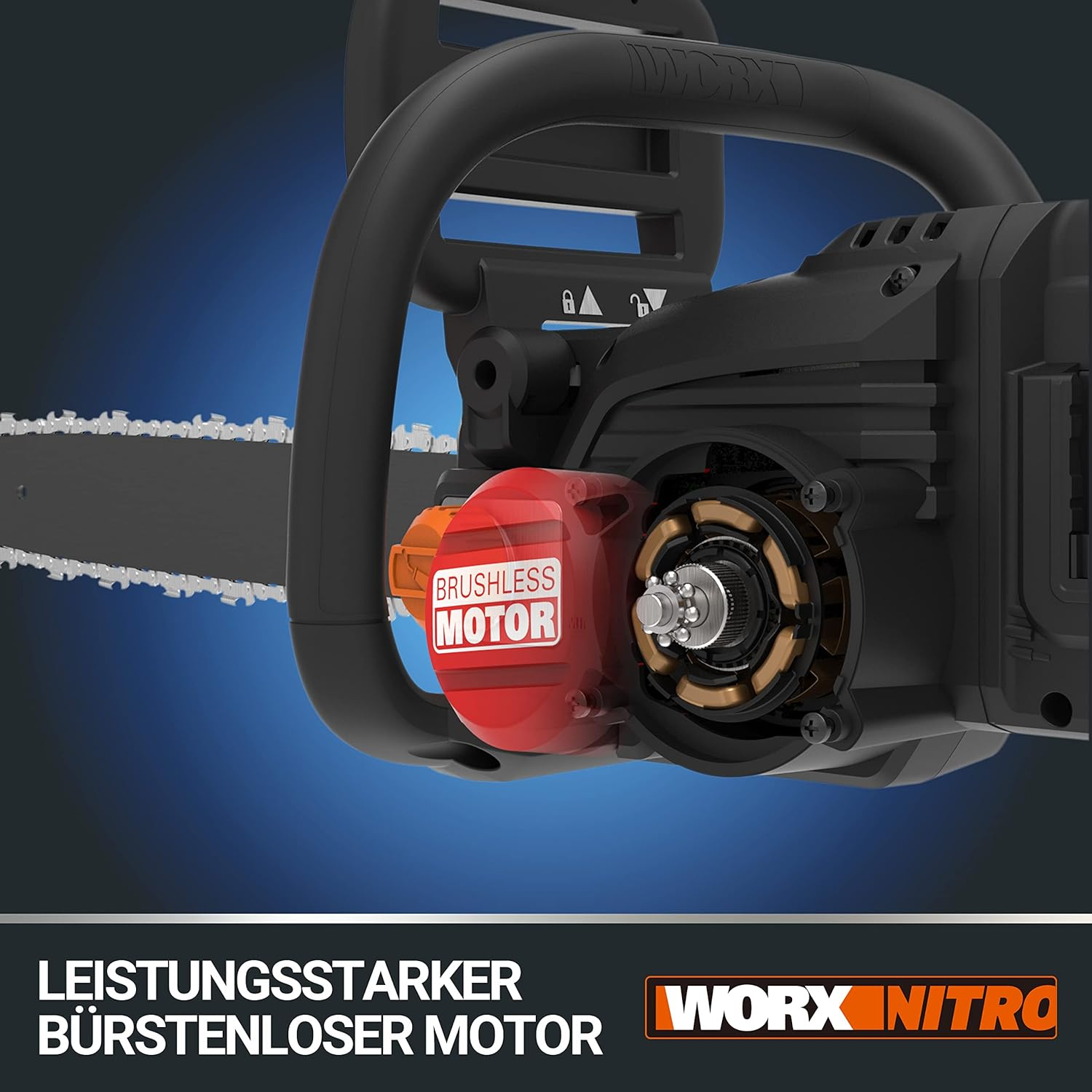 Schwarze und orangefarbene Kettensäge mit bürstenlosem Motor. Text sagt 'WORX NITRO'.