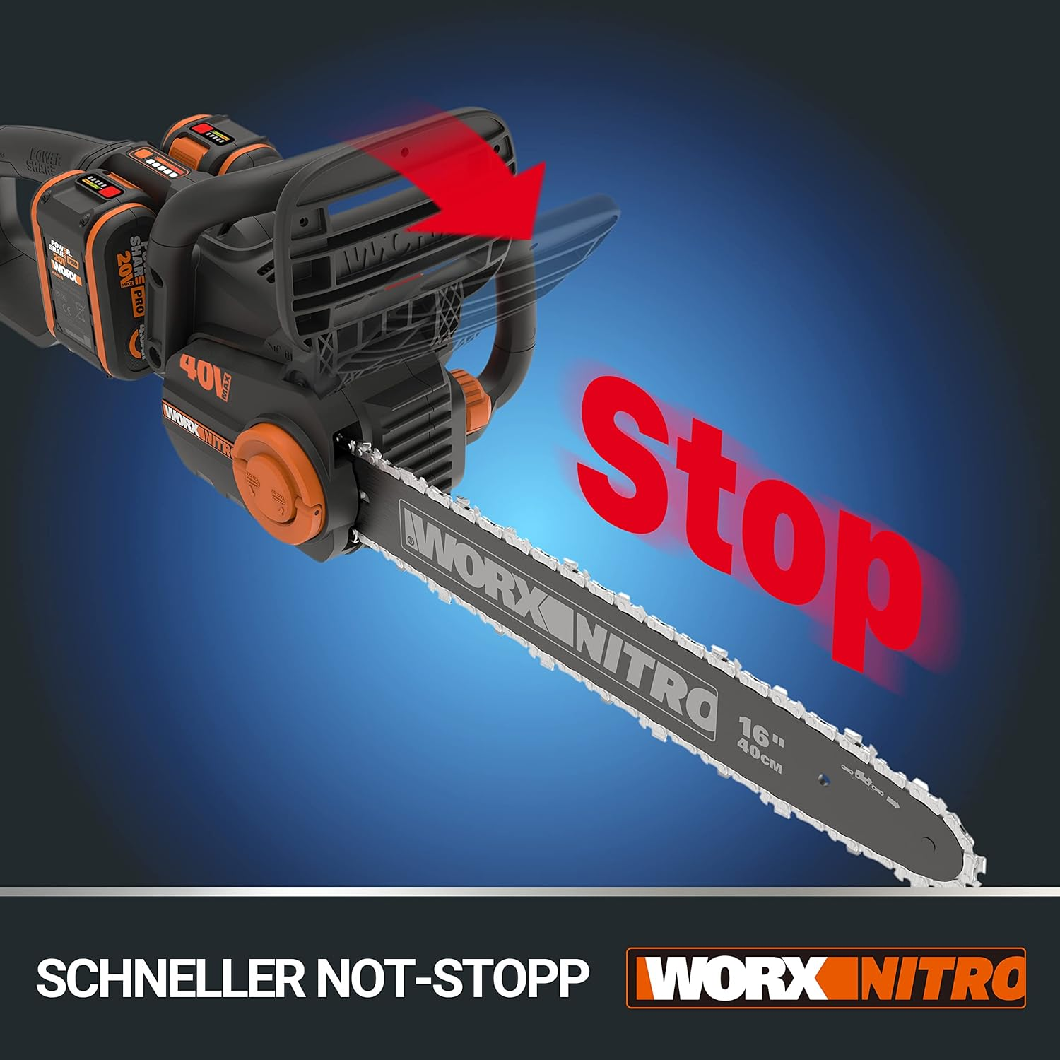 Kettensäge mit rotem Pfeil auf die Klinge und dem Wort „Stop“. Es steht „WORX NITRO“.