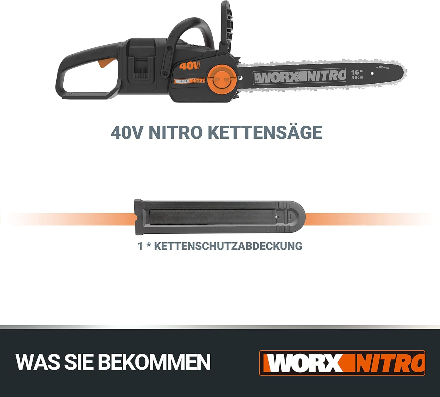 Schwarz-orange Kettensäge mit Text und schwarzem Kettenschutz auf weißem Grund.