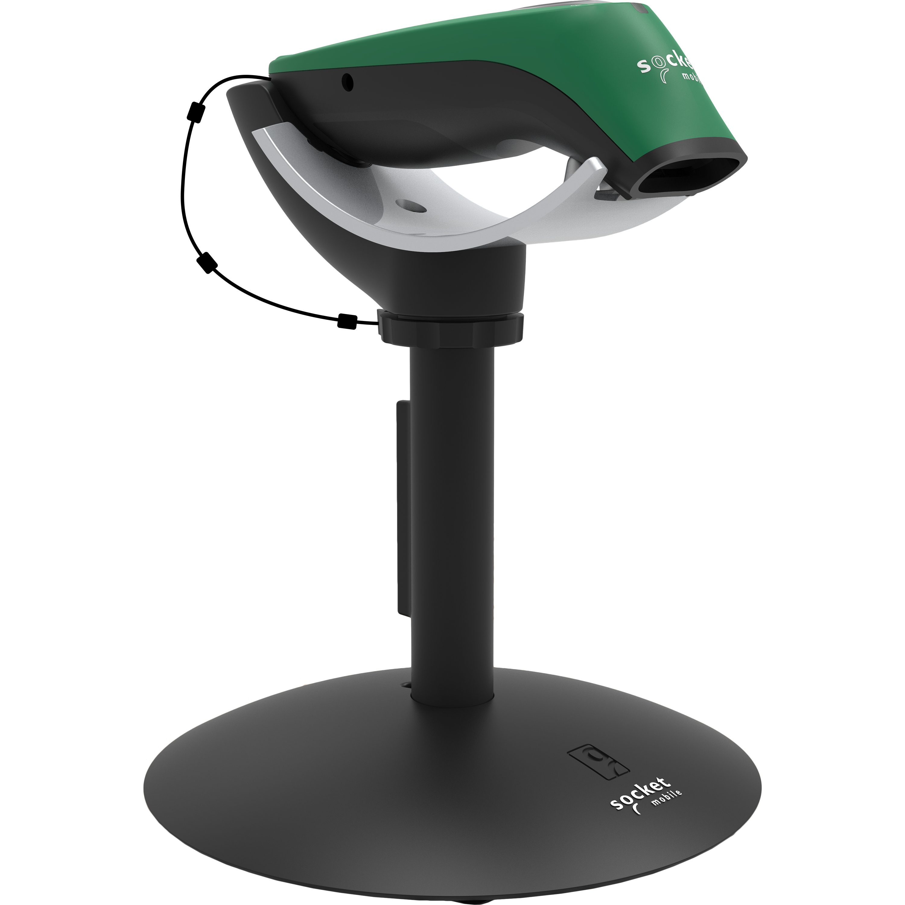 Uno scanner per codici a barre verde e nero su un supporto nero, isolato.