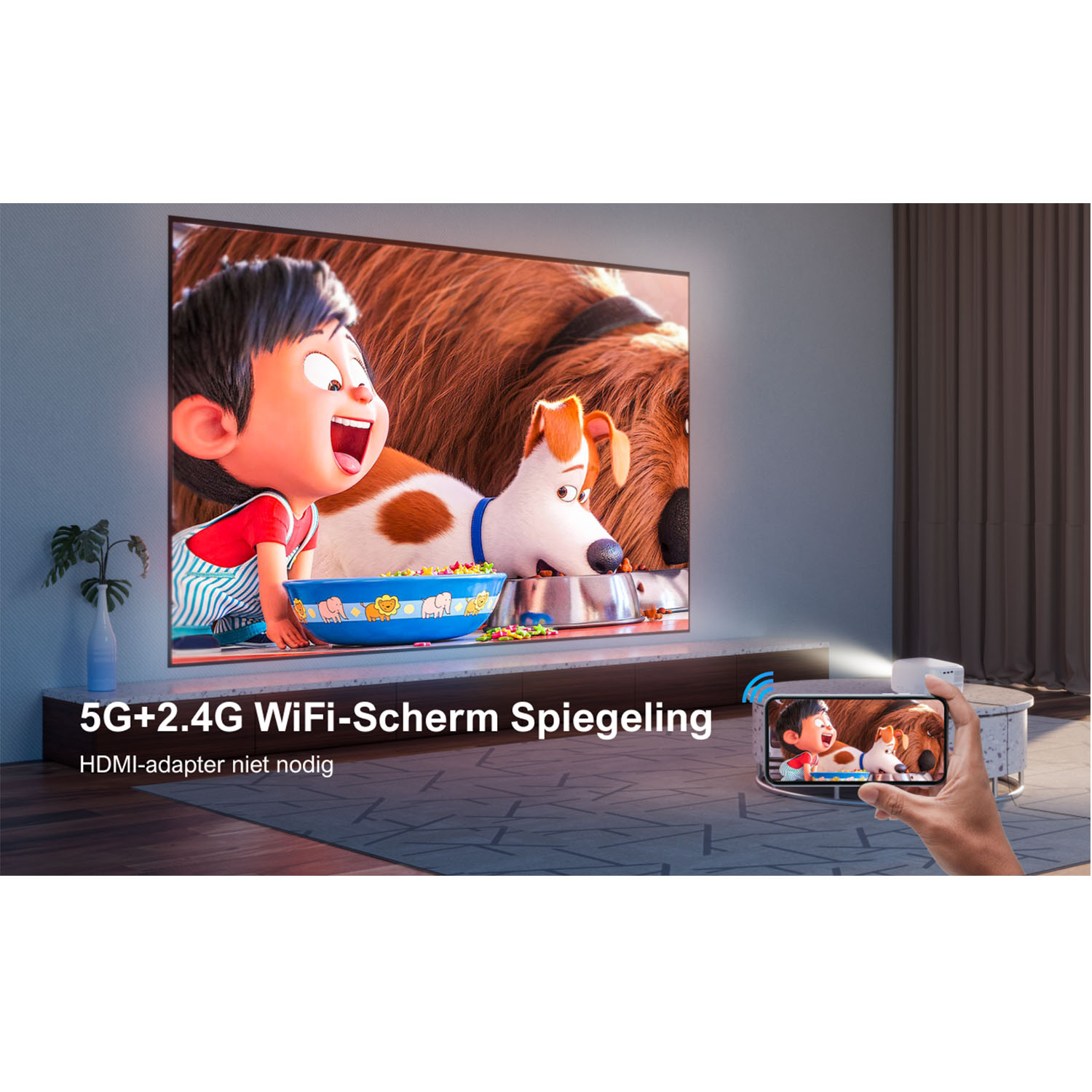 A projector displays a movie scene. A person holds a phone mirroring the screen. Text: 5G+2.4G WiFi.