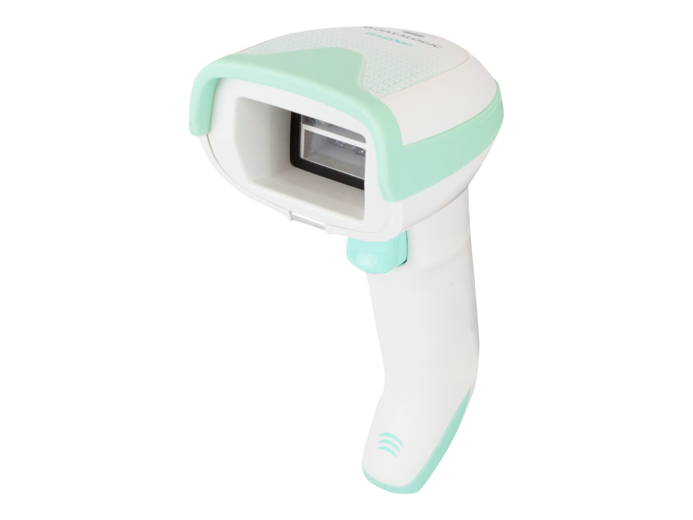 Uno scanner di codici a barre bianco e verde menta.