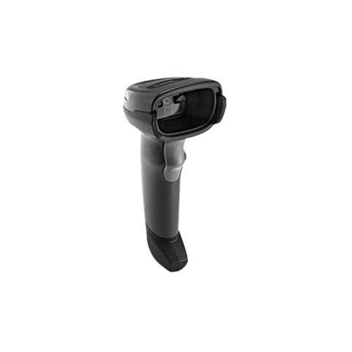 Uno scanner di codici a barre nero su sfondo bianco. Ha un'area di scansione nera.