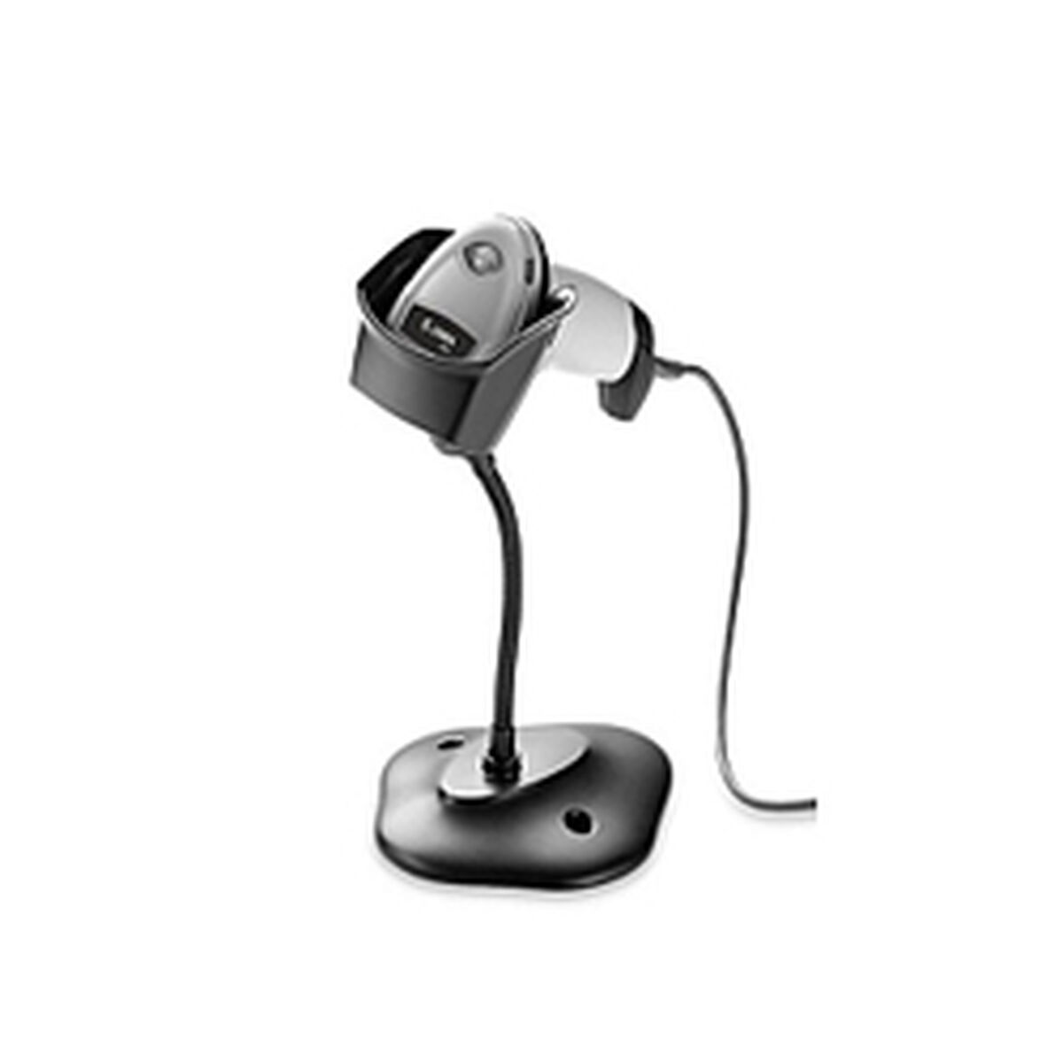 Uno scanner di codici a barre in un supporto nero su un supporto curvo, base nera.