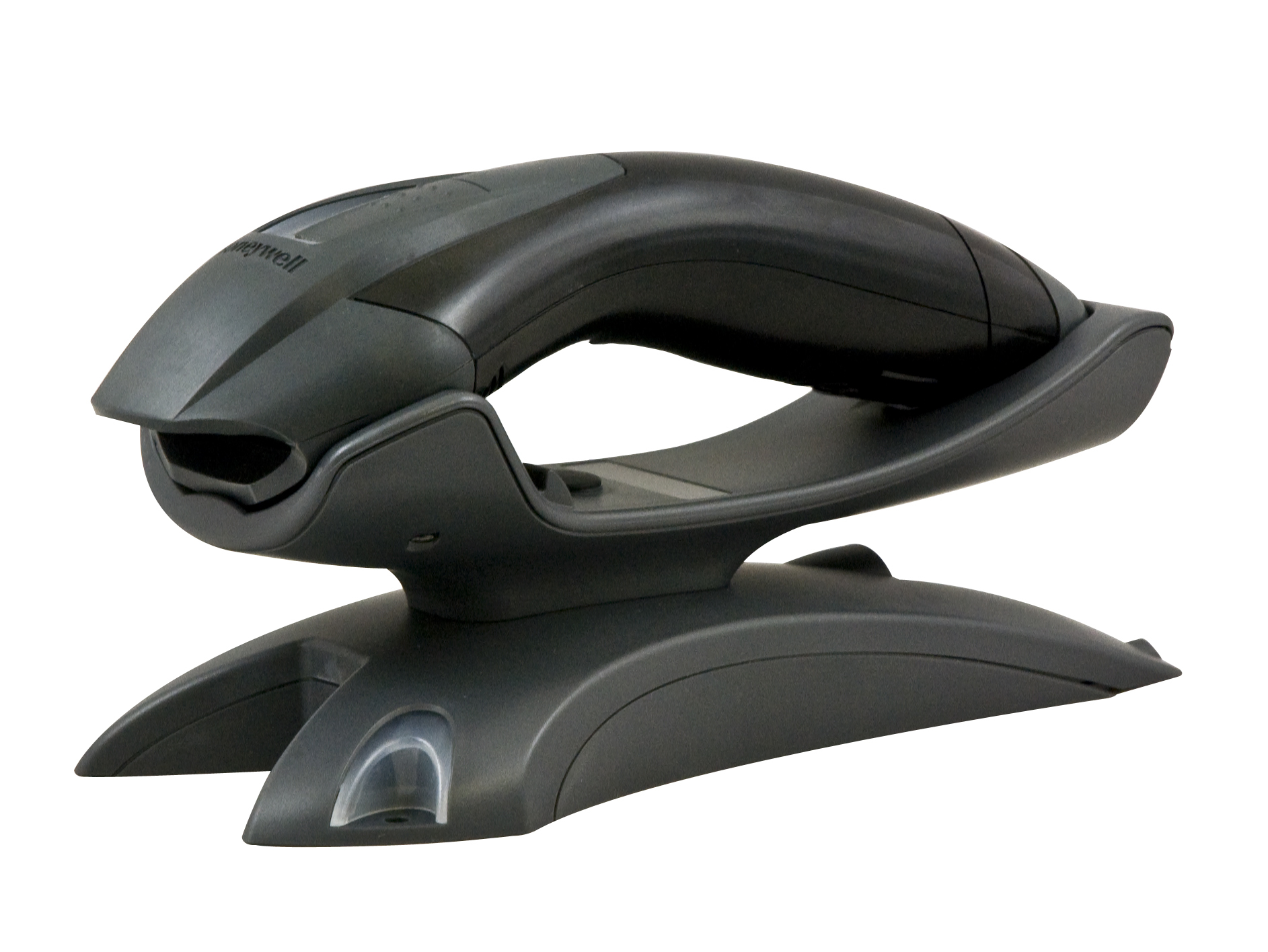 Uno scanner per codici a barre nero su un supporto, isolato su sfondo bianco.