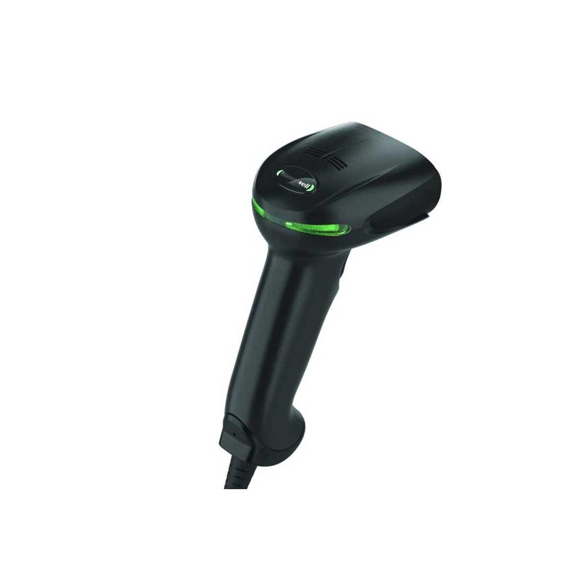Uno scanner di codici a barre portatile nero con luce verde e logo Honeywell.