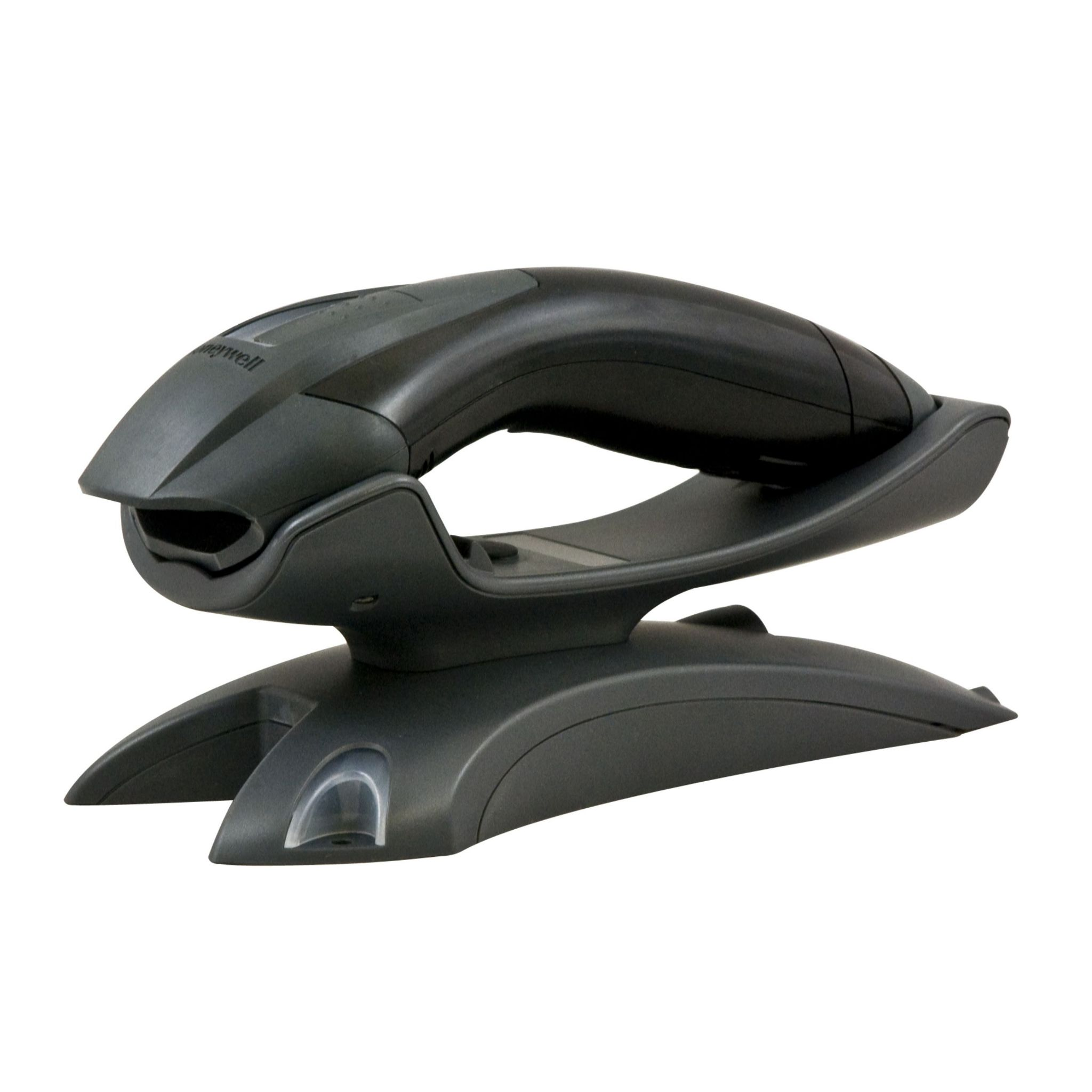 Uno scanner per codici a barre nero su un supporto, su sfondo bianco.