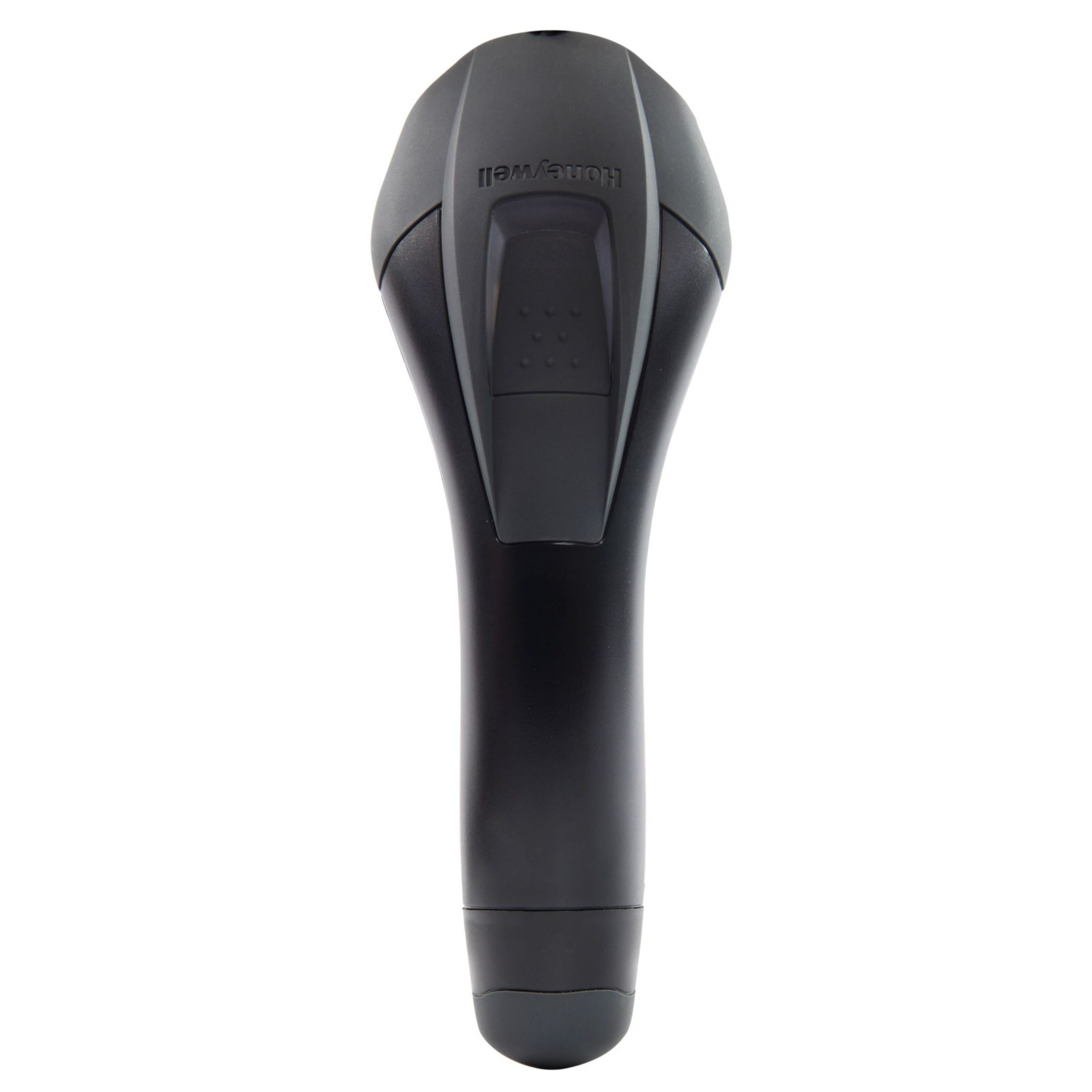 Un lettore di codici a barre Honeywell nero su sfondo bianco.