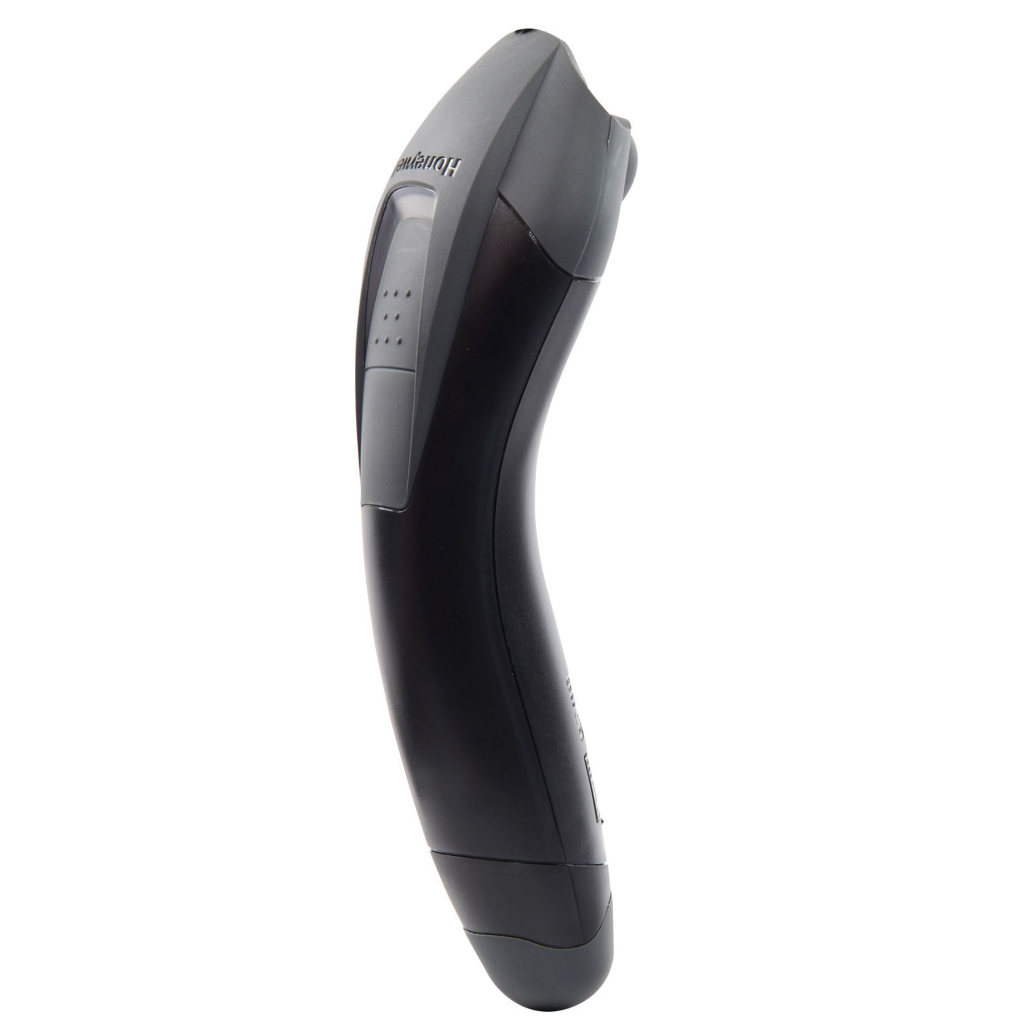 Scanner di codici a barre nero con parte superiore grigia e manico curvo.
