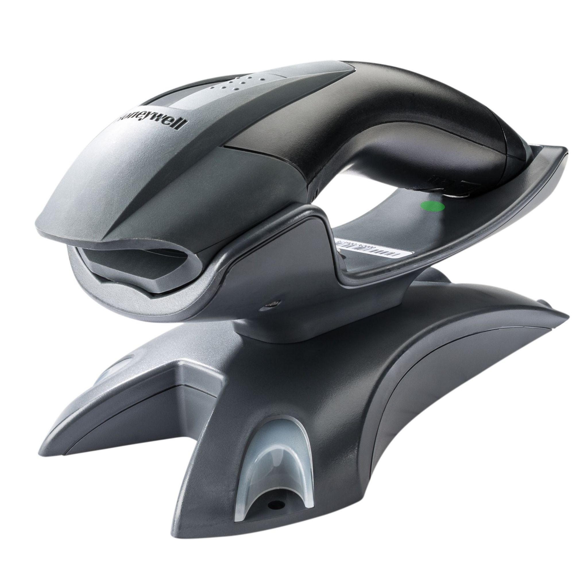 Scanner grigio e nero su una base nera.