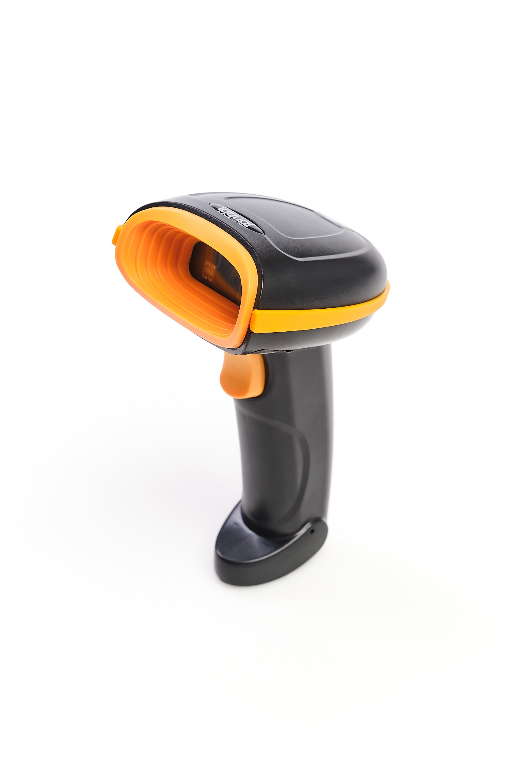 Uno scanner di codici a barre nero e arancione su sfondo bianco. Grilletto arancione.