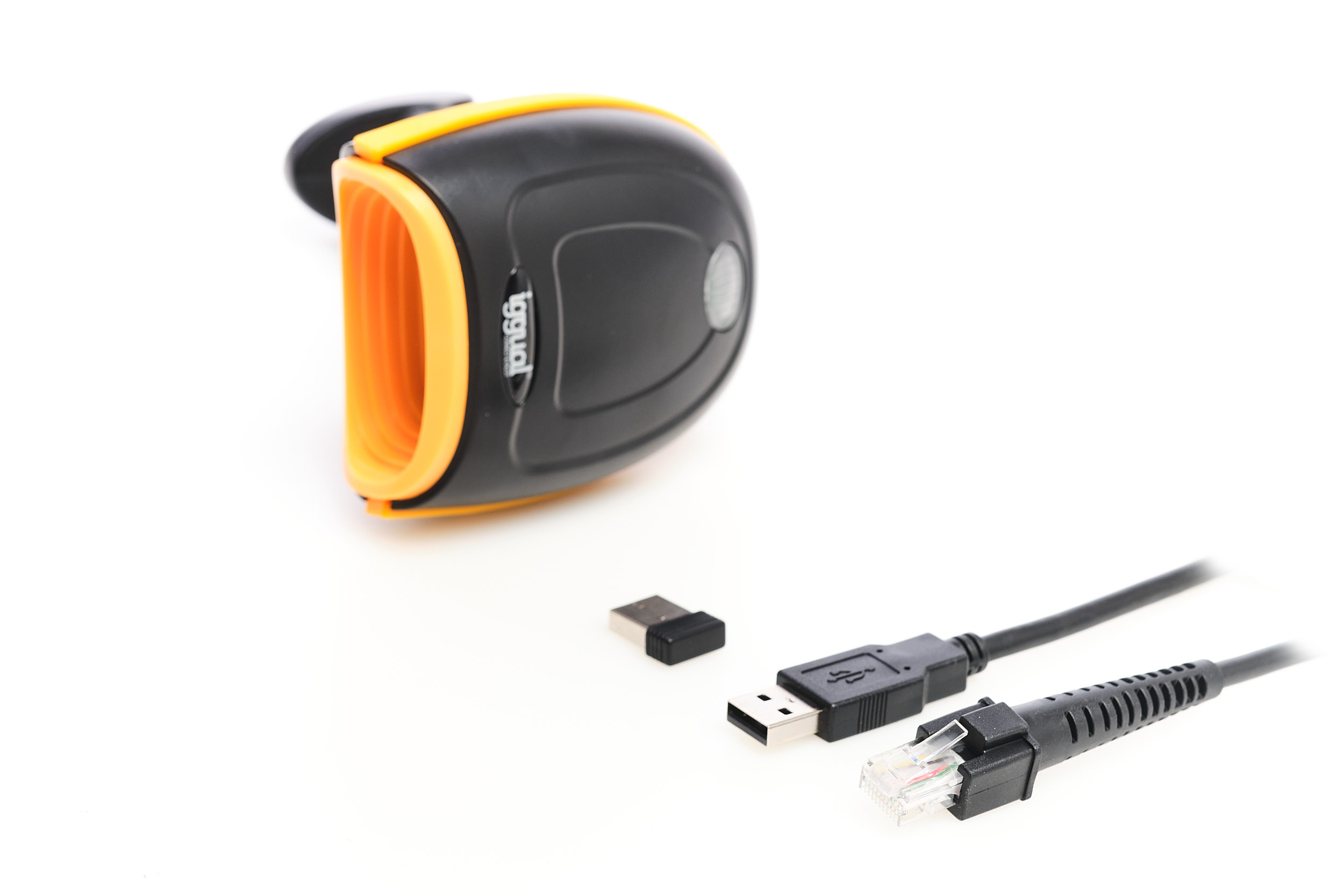 Scanner di codici a barre con design giallo e nero, con cavi e ricevitore.