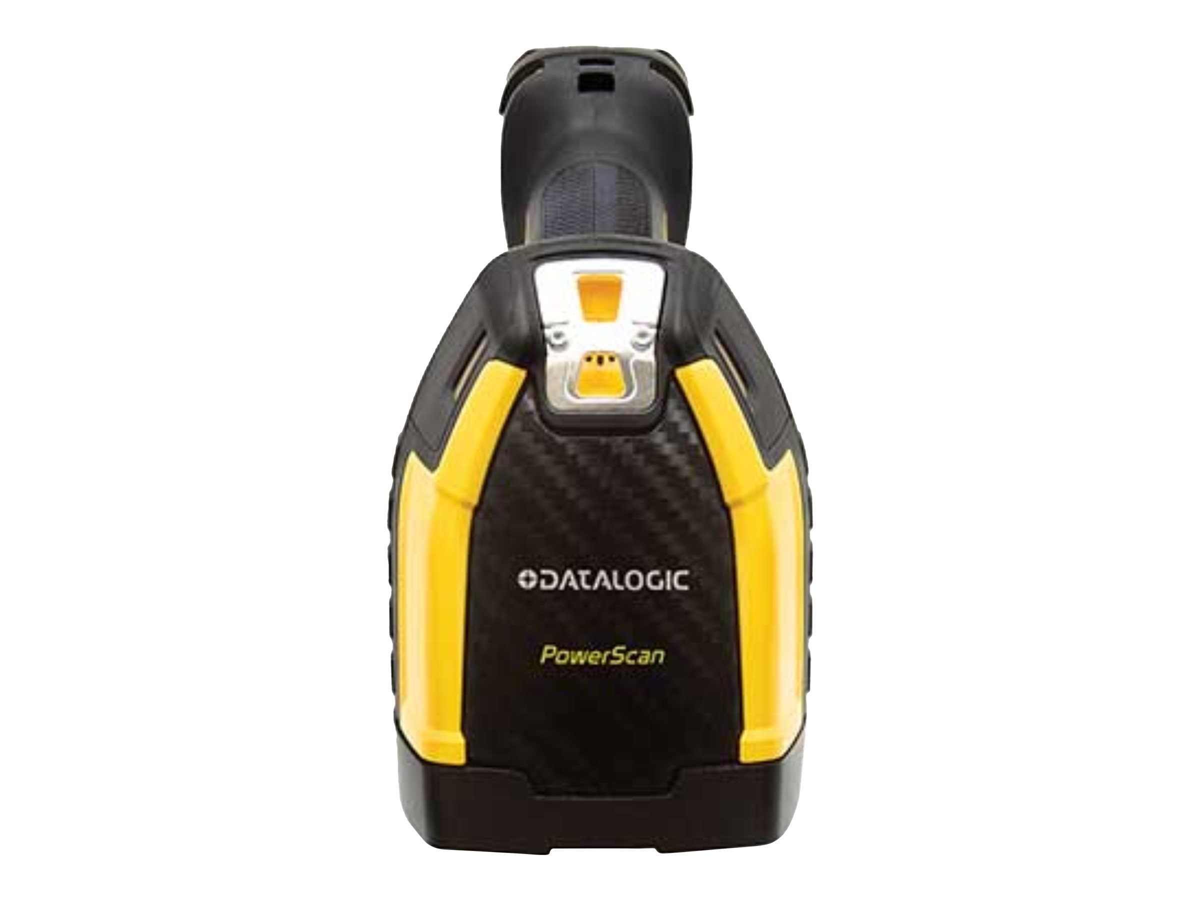 Uno scanner di codici a barre giallo e nero con un grilletto e il testo Datalogic Powerscan.