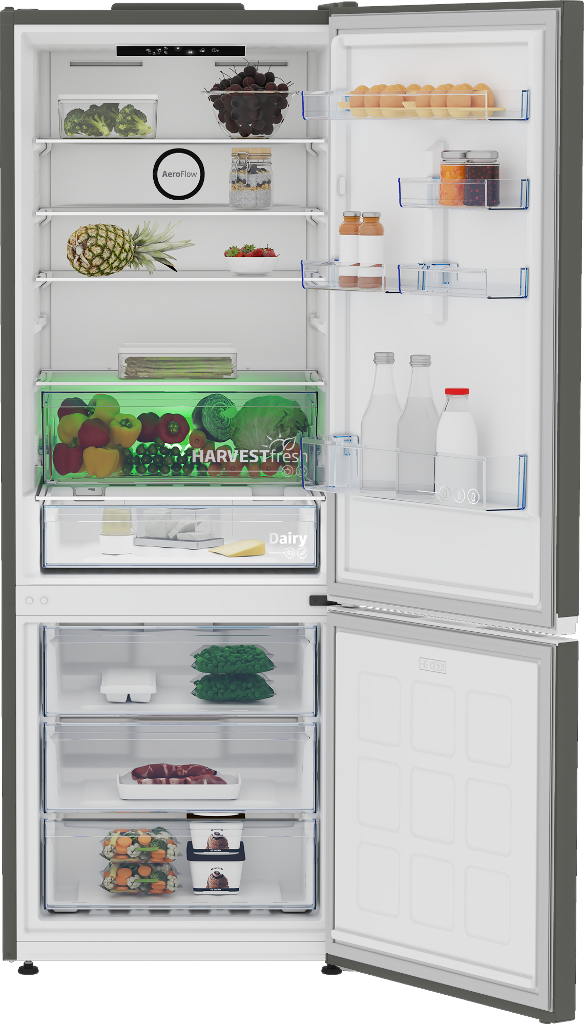 Lodówka z otwartymi drzwiami, pokazująca półki z jedzeniem, warzywami i owocami.