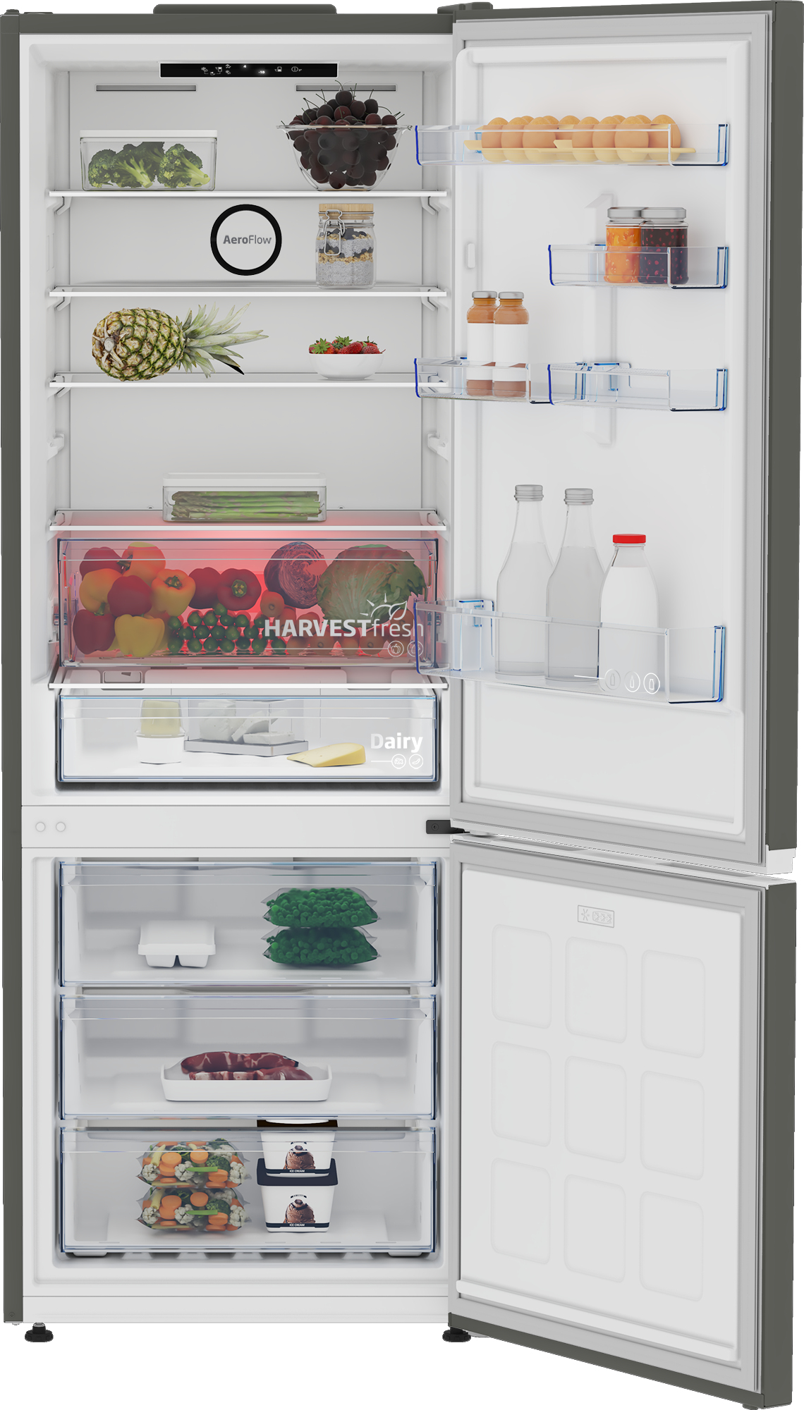 Otwarta lodówka z półkami. Zawiera produkty spożywcze takie jak warzywa, owoce, słoiki i napoje.