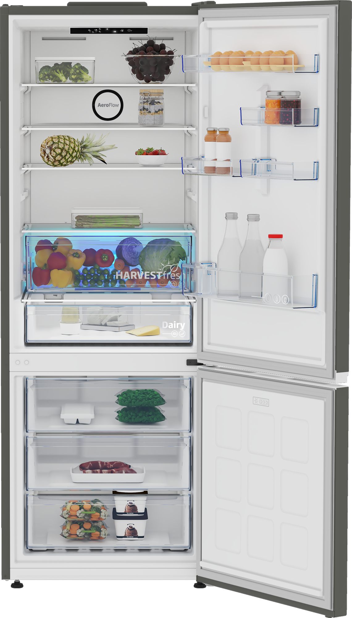 Otwarta lodówka wypełniona produktami spożywczymi. Zawiera owoce, warzywa i różne produkty pakowane.