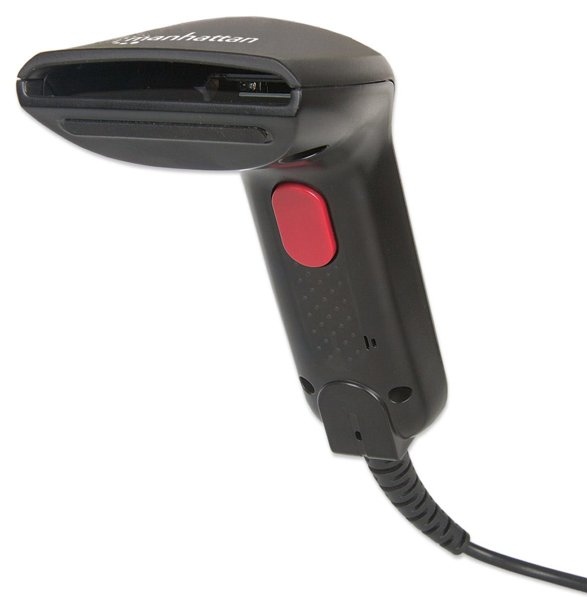 Scanner nero con pulsante rosso e cavo.