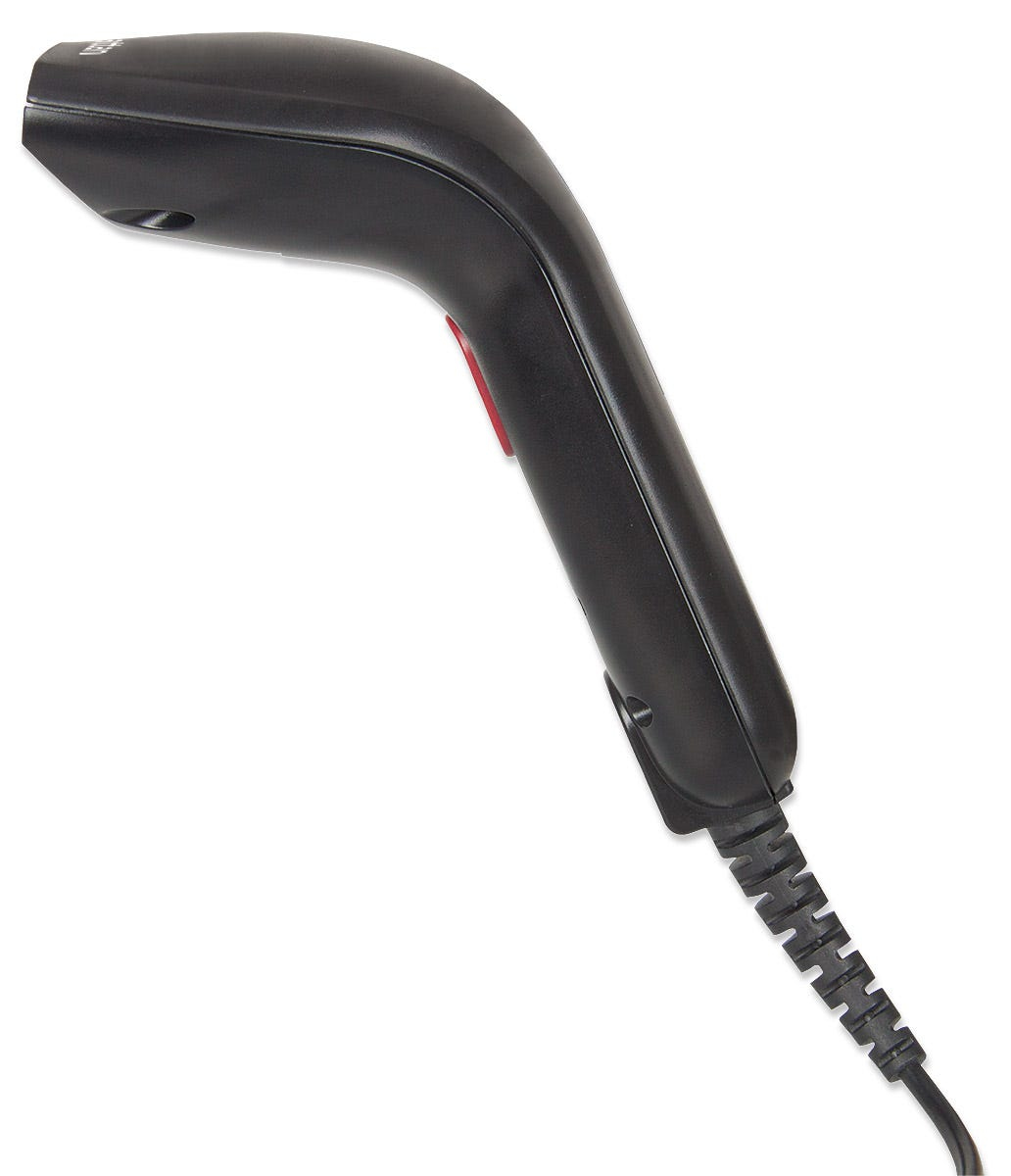 Uno scanner di codici a barre nero con un pulsante rosso. Lo scanner ha una lunga maniglia con un cavo collegato.