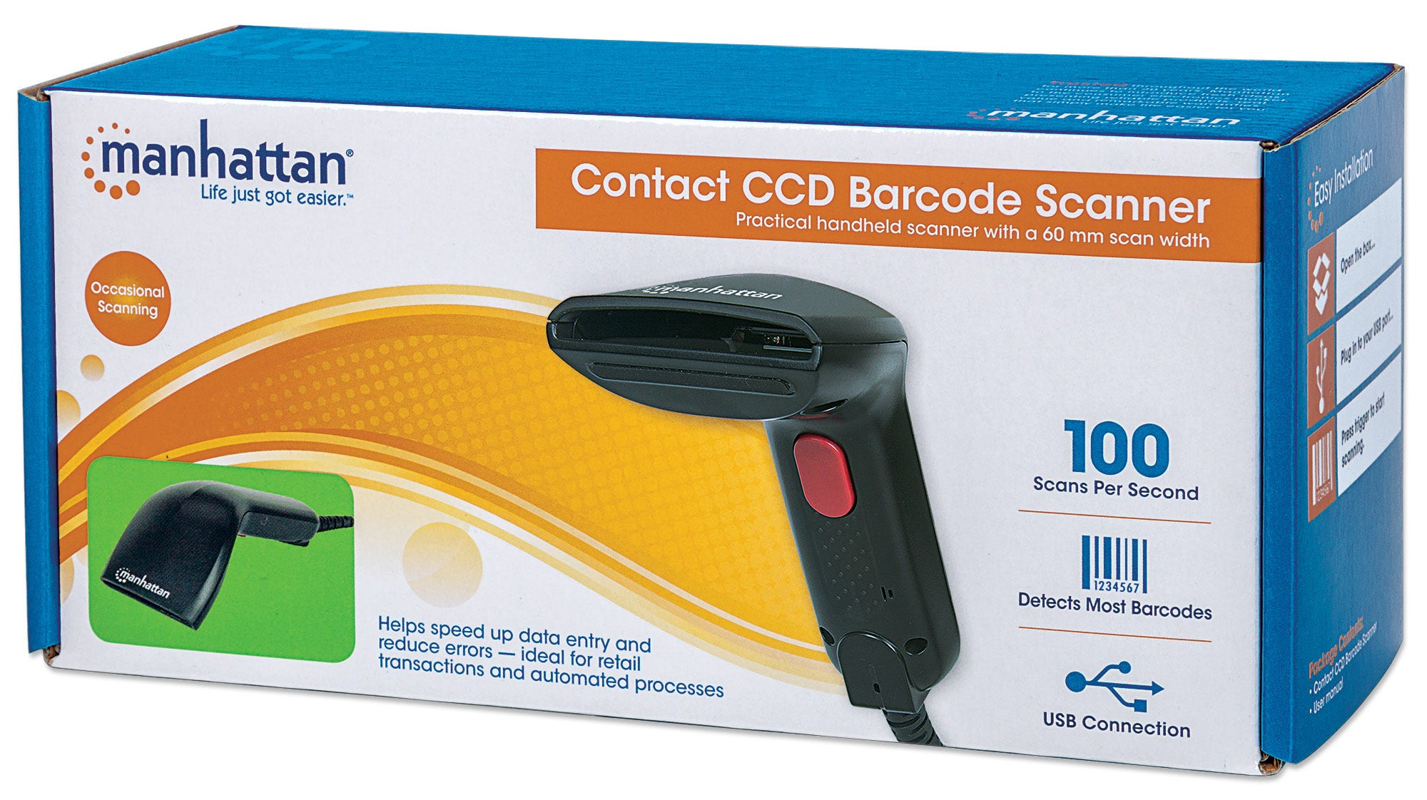 Una scatola per scanner di codici a barre con un'immagine di uno scanner. Il testo sulla scatola dice 'Manhattan' e 'CCD Barcode Scanner'.
