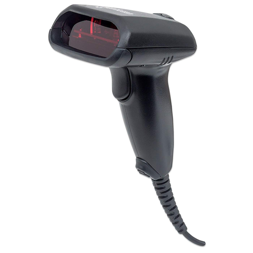 Uno scanner per codici a barre nero con luce laser rossa, cavo collegato.