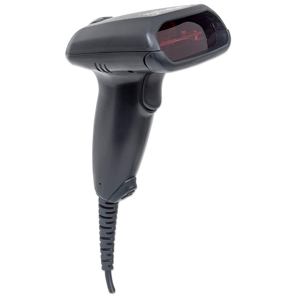 Scanner nero con fascio di luce rossa.