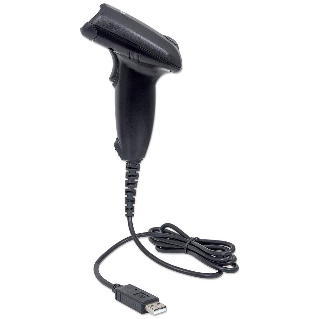 Uno scanner di codici a barre nero con cavo USB. Lo scanner ha un grilletto e una porta USB.