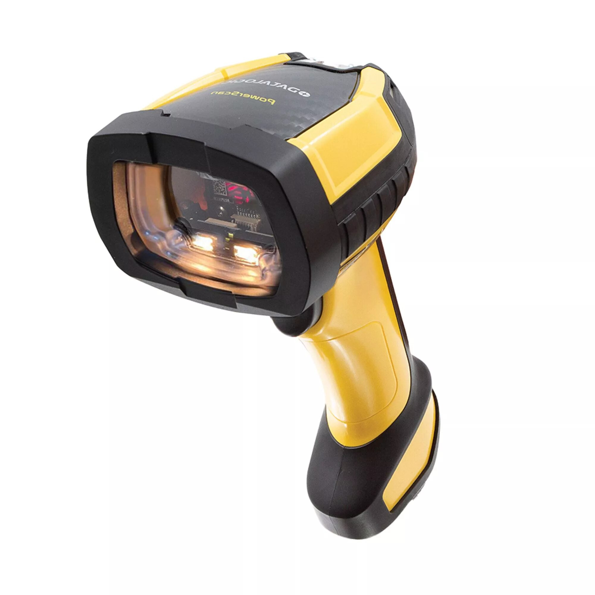 Uno scanner di codici a barre giallo e nero. Ha un'impugnatura e una testina di scansione con una lente trasparente.