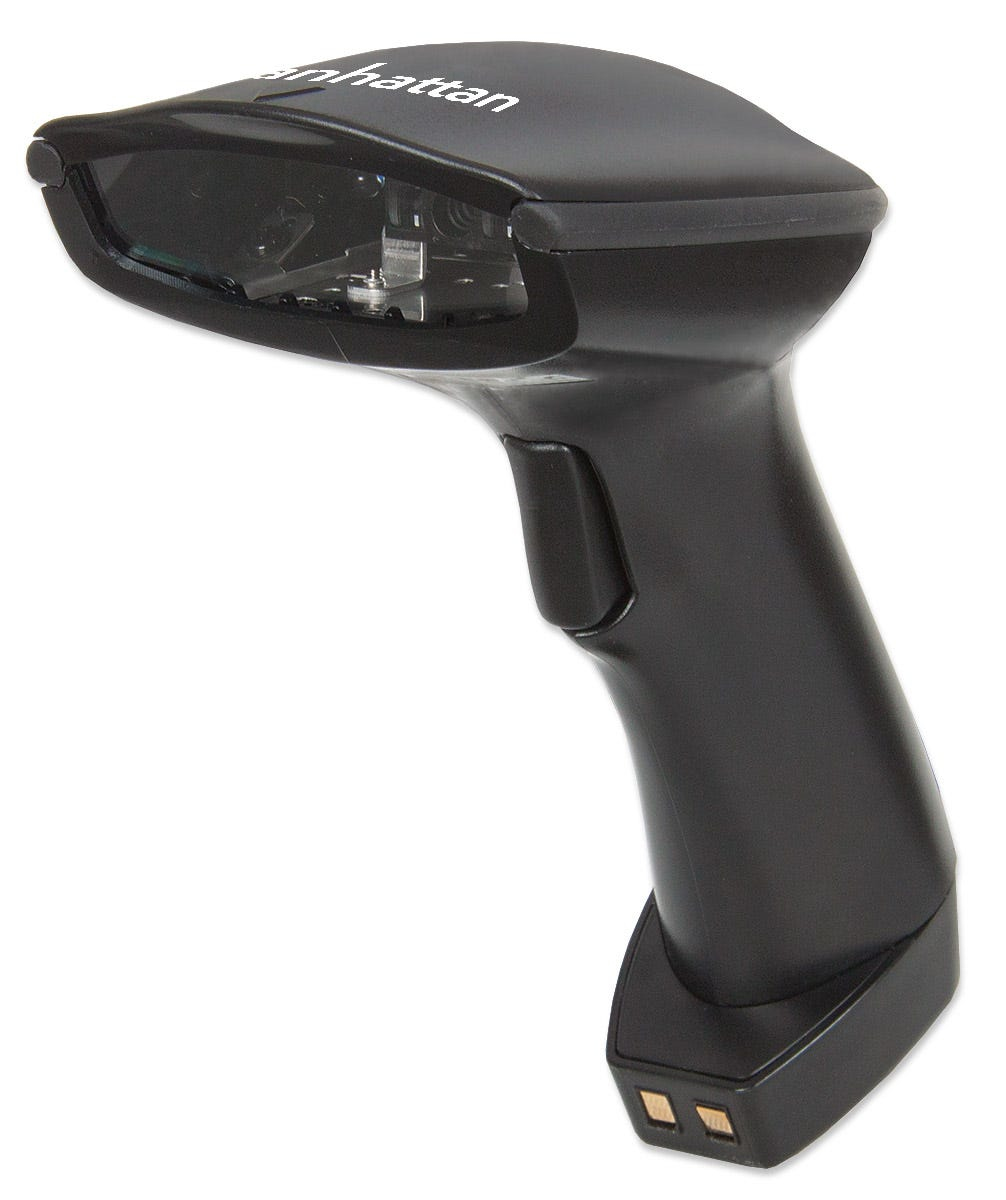 Uno scanner di codici a barre nero con un'impugnatura. Lo scanner ha una lente e un pulsante di attivazione.