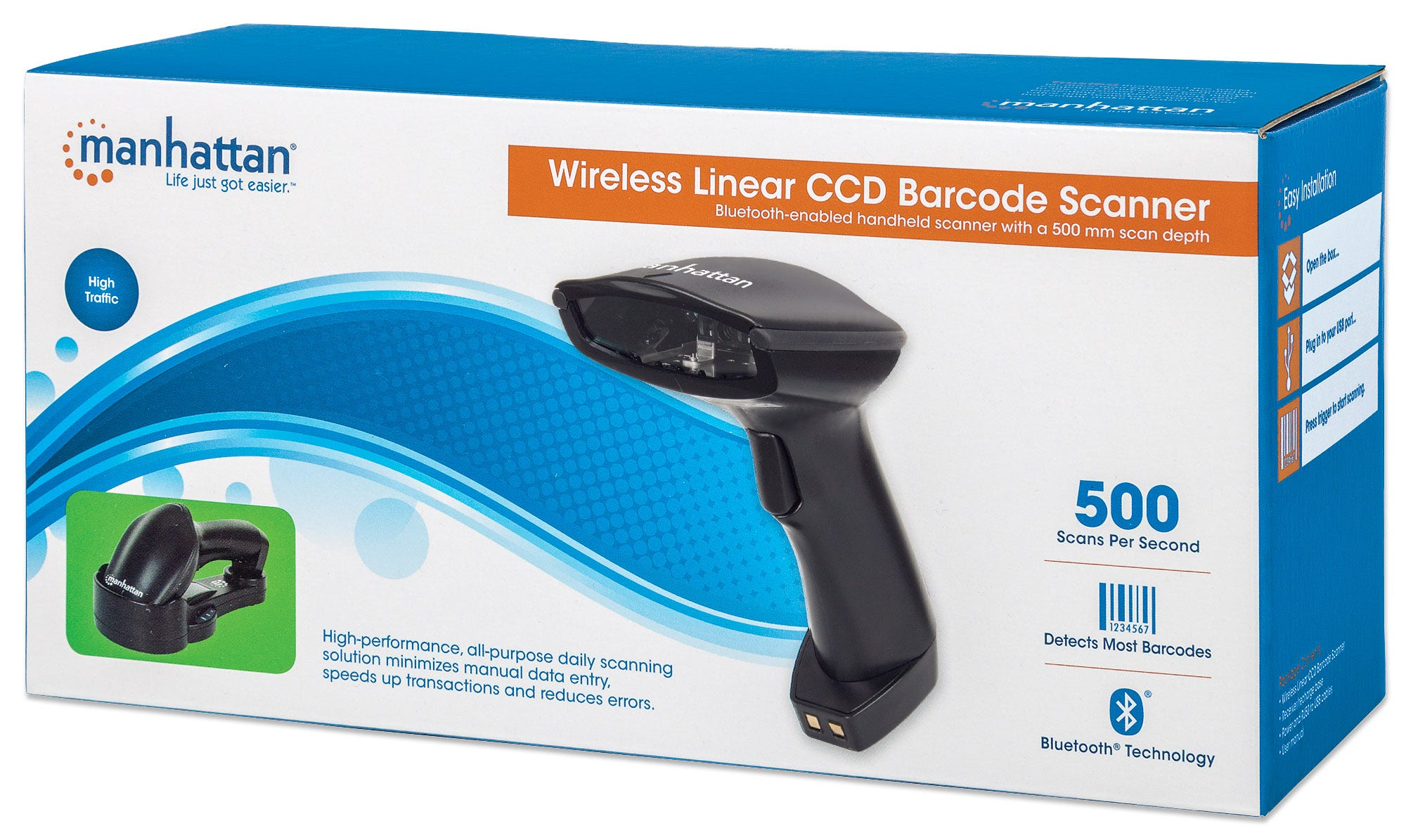 Una scatola con uno scanner di codici a barre. Dice 'Wireless Linear CCD Barcode Scanner'.