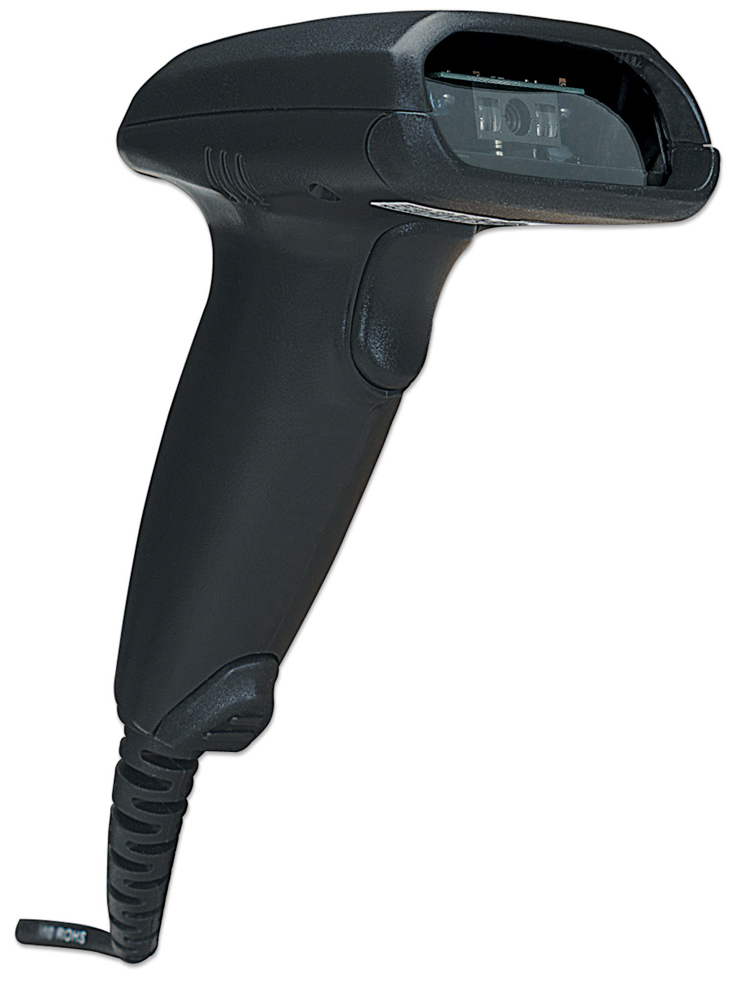 Uno scanner di codici a barre nero con grilletto e manico lungo. Lo scanner ha una finestra trasparente.