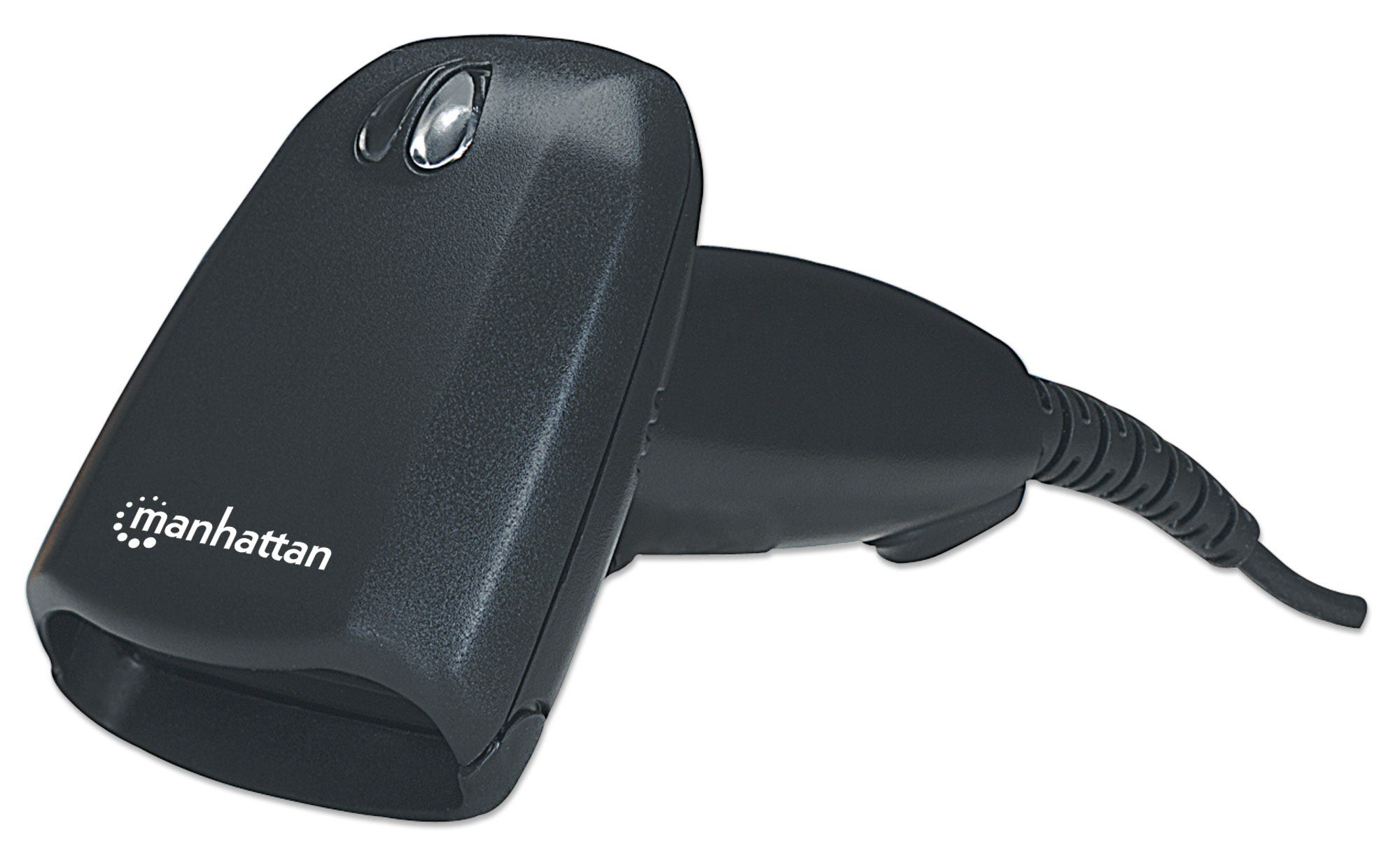 Uno scanner per codici a barre nero con la parola 'manhattan', isolato.