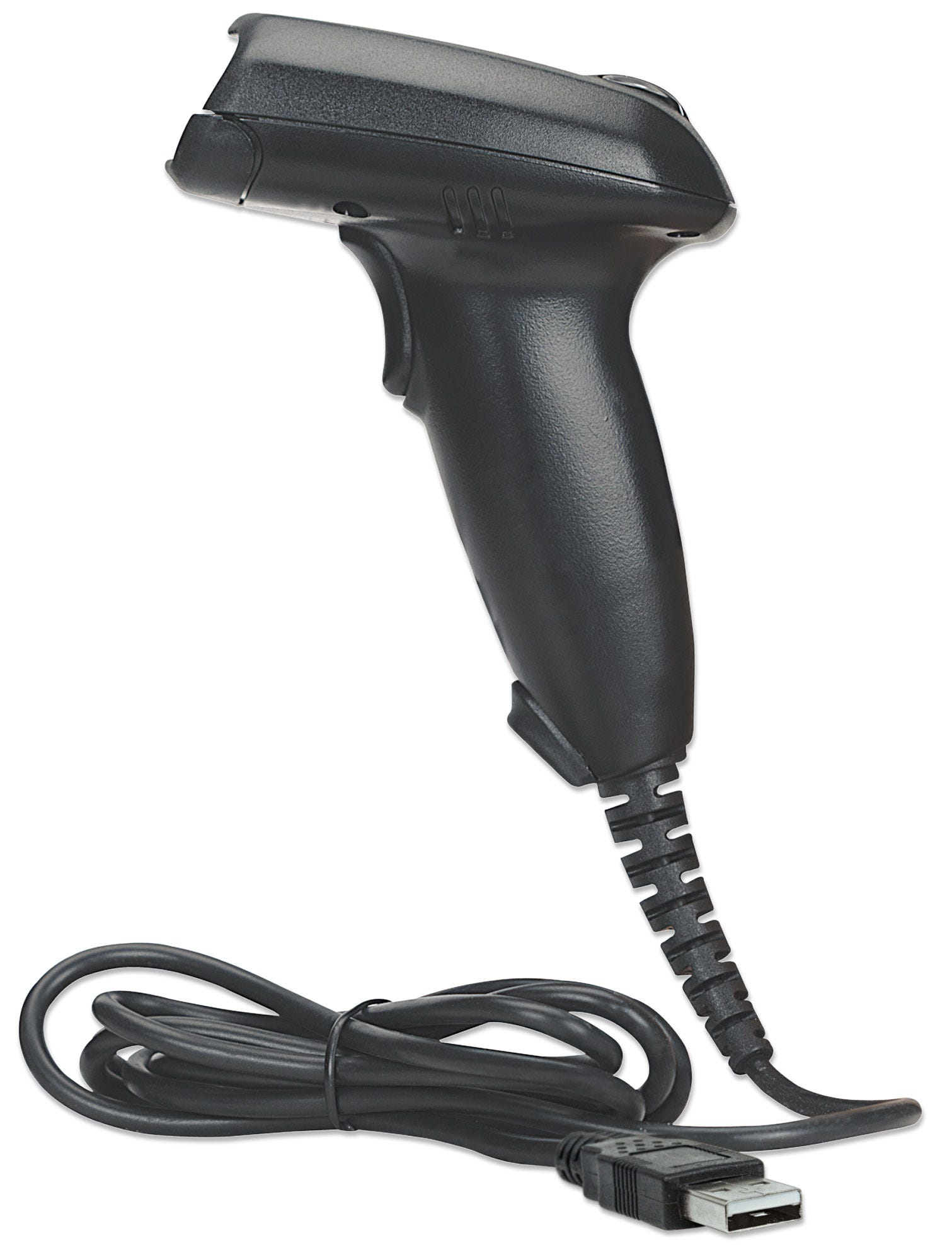 Scanner di codici a barre nero con cavo e connettore USB. Lo scanner ha un'impugnatura.