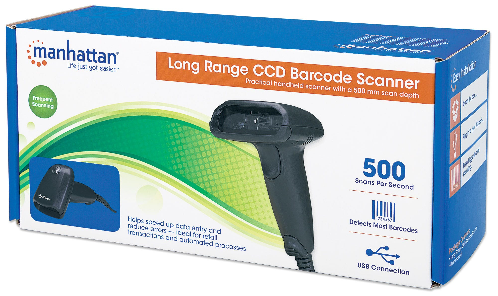 Scatola scanner codici a barre Manhattan. Mostra scanner, testo sulle funzioni e USB.