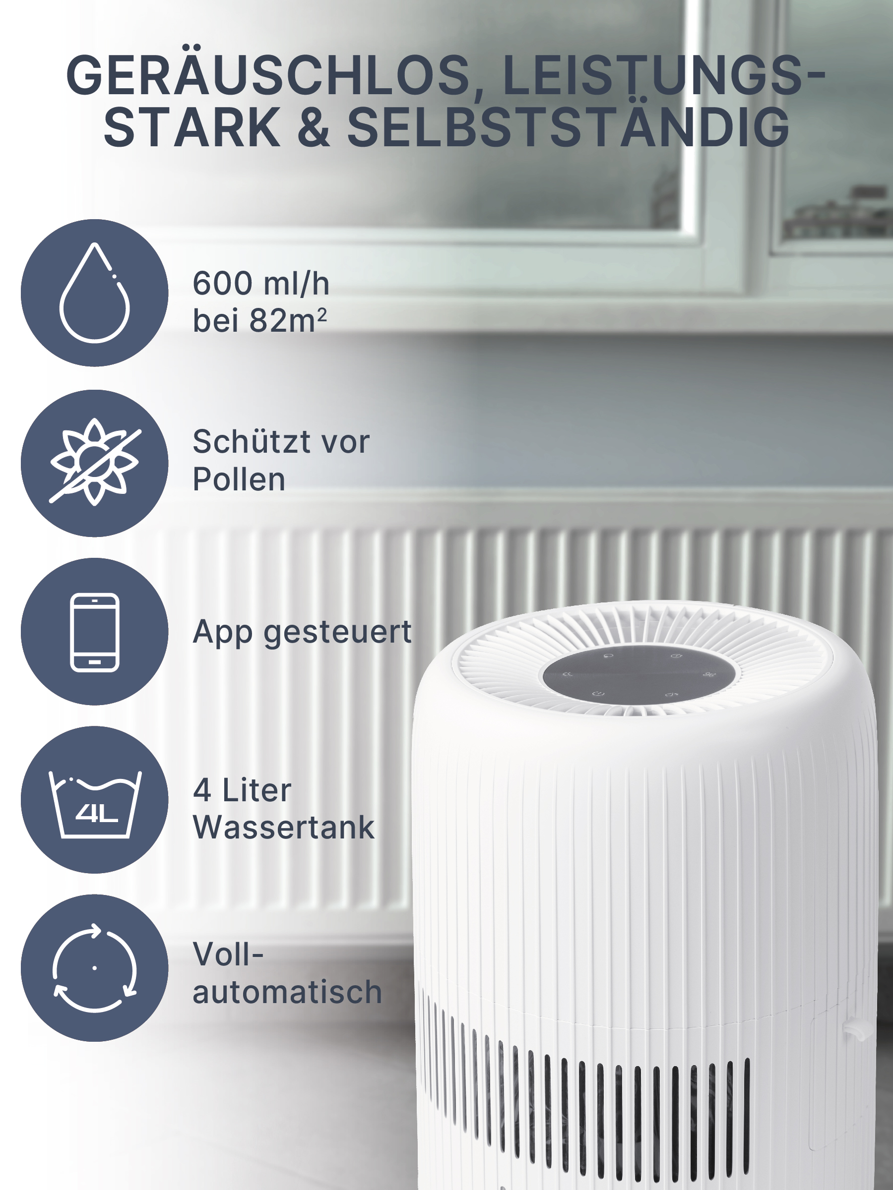 Weißer Luftreiniger mit Funktionssymbolen. Text: 600 ml/h, schützt vor Pollen, App-gesteuert.