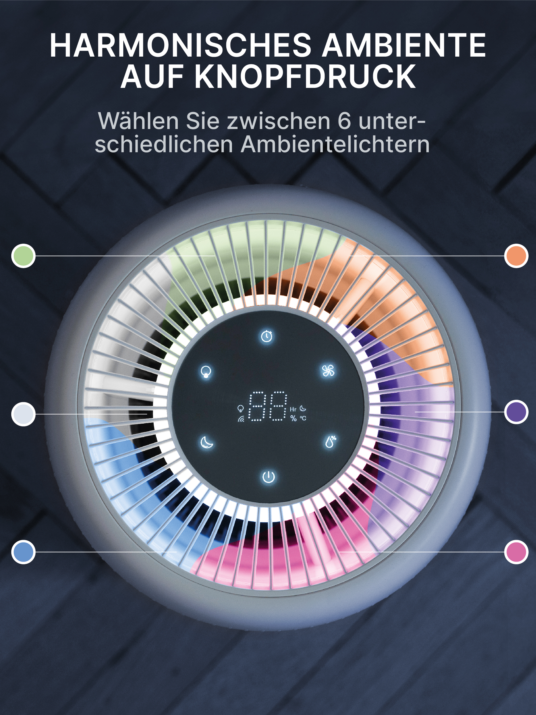 Ein kreisförmiges Gerät mit bunten Lichtern am Rand und einer Digitalanzeige in der Mitte.