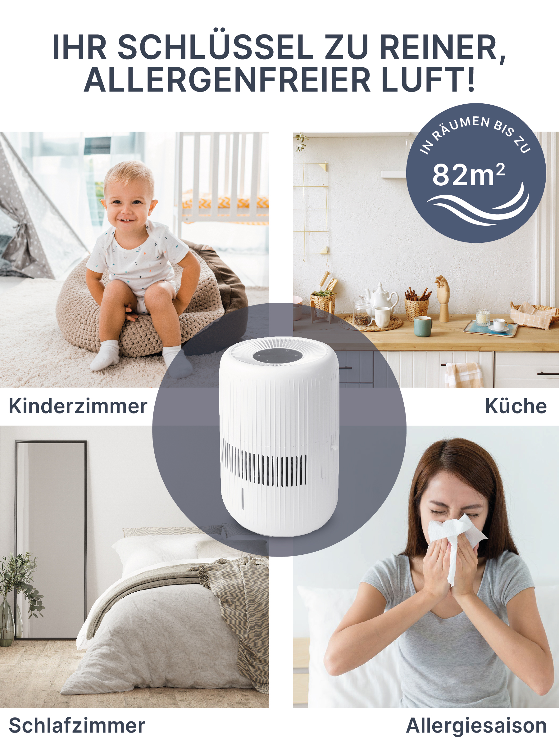 Collage mit Bildern von Kind, Küche, Schlafzimmer und Frau mit Allergien, für saubere Luft werben.