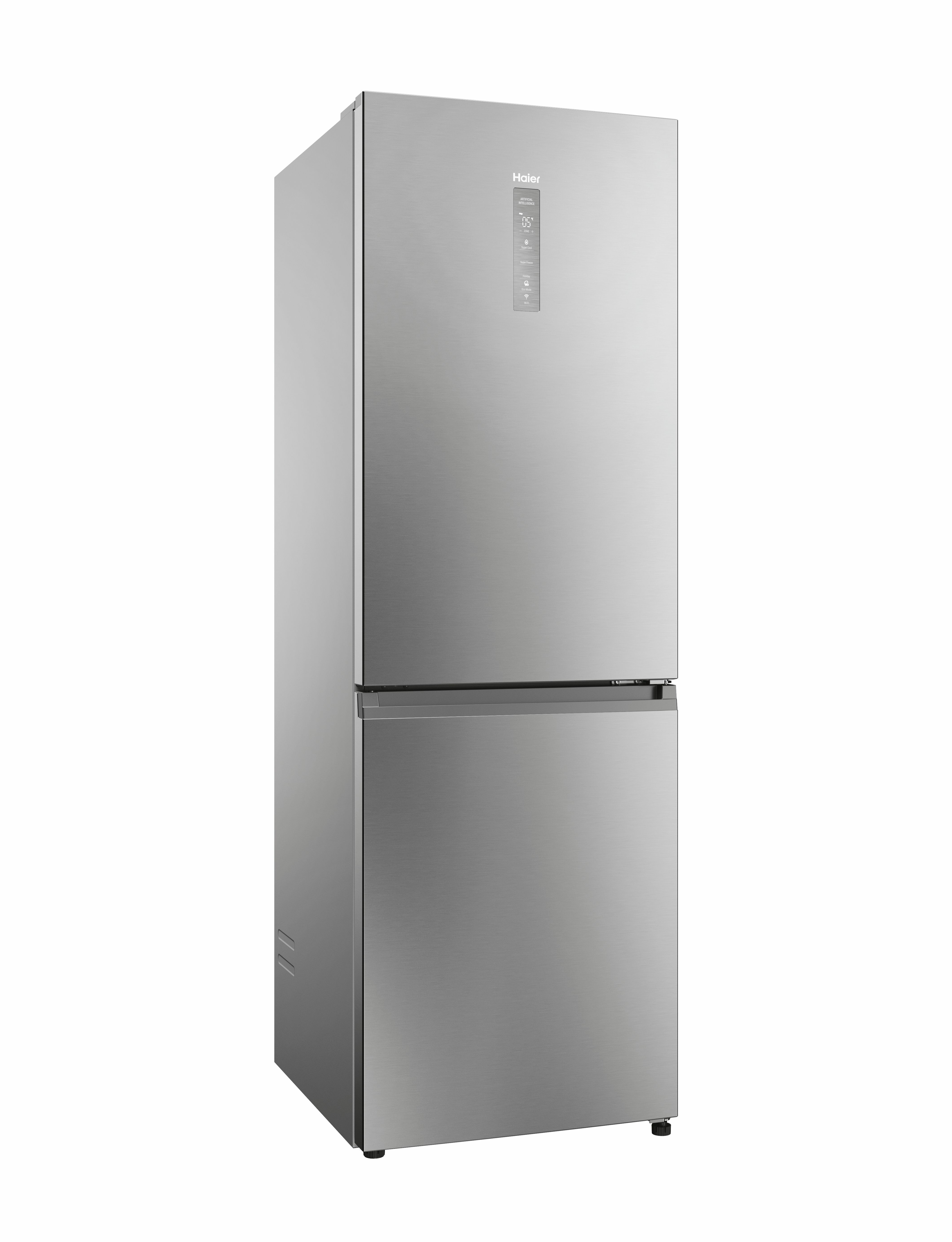 Ein Edelstahl-Kühlschrank mit Gefrierfach unten.