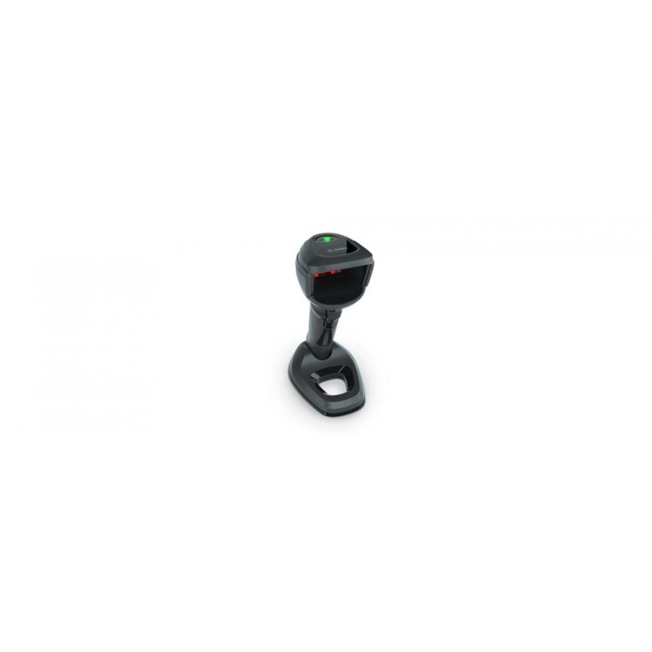 Uno scanner nero su sfondo bianco, con una luce verde in cima e base angolata.