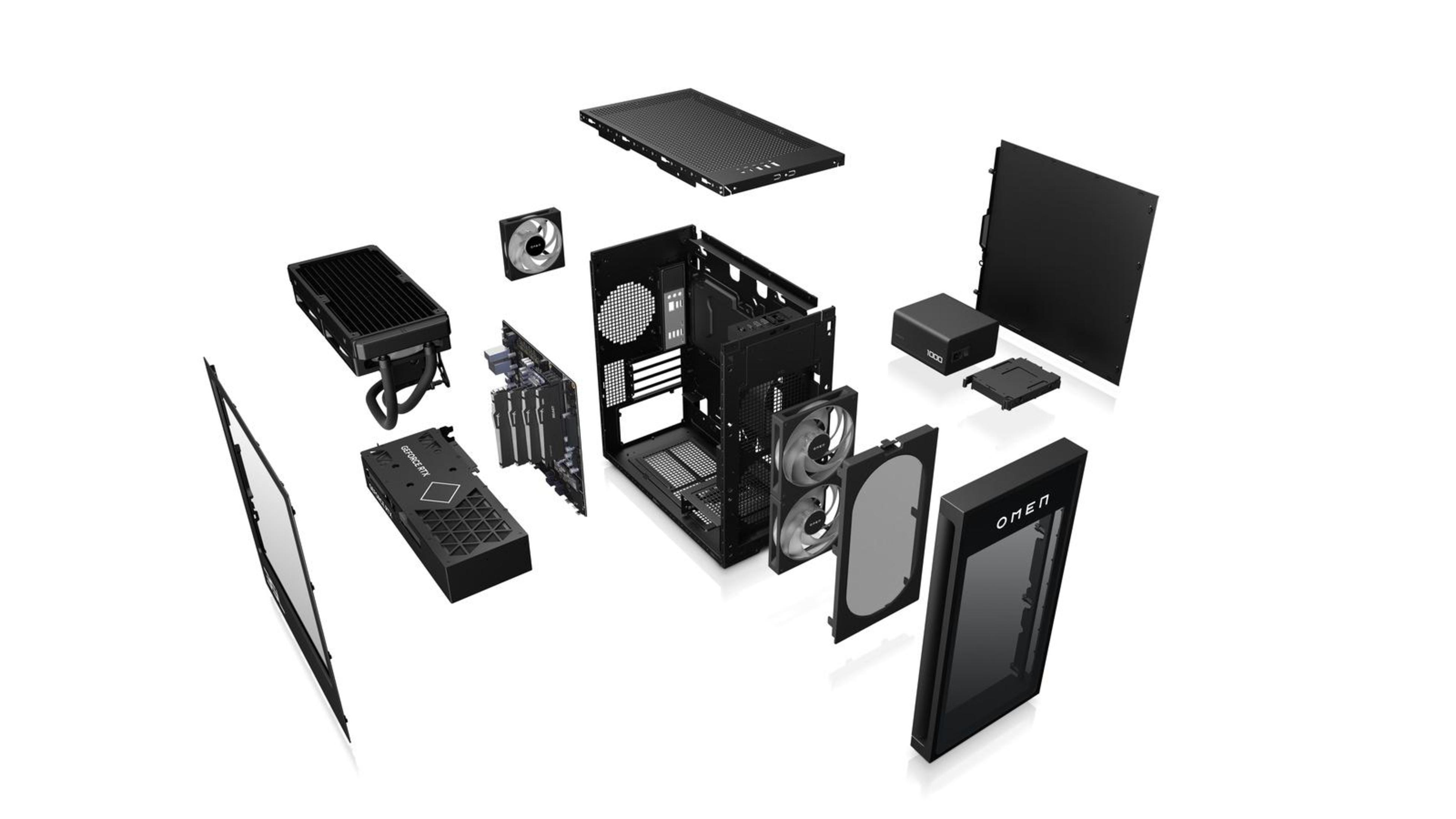 Explosionszeichnung eines schwarzen PC-Gehäuses und Komponenten, einschließlich Lüfter, Grafikkarte und Kühler.