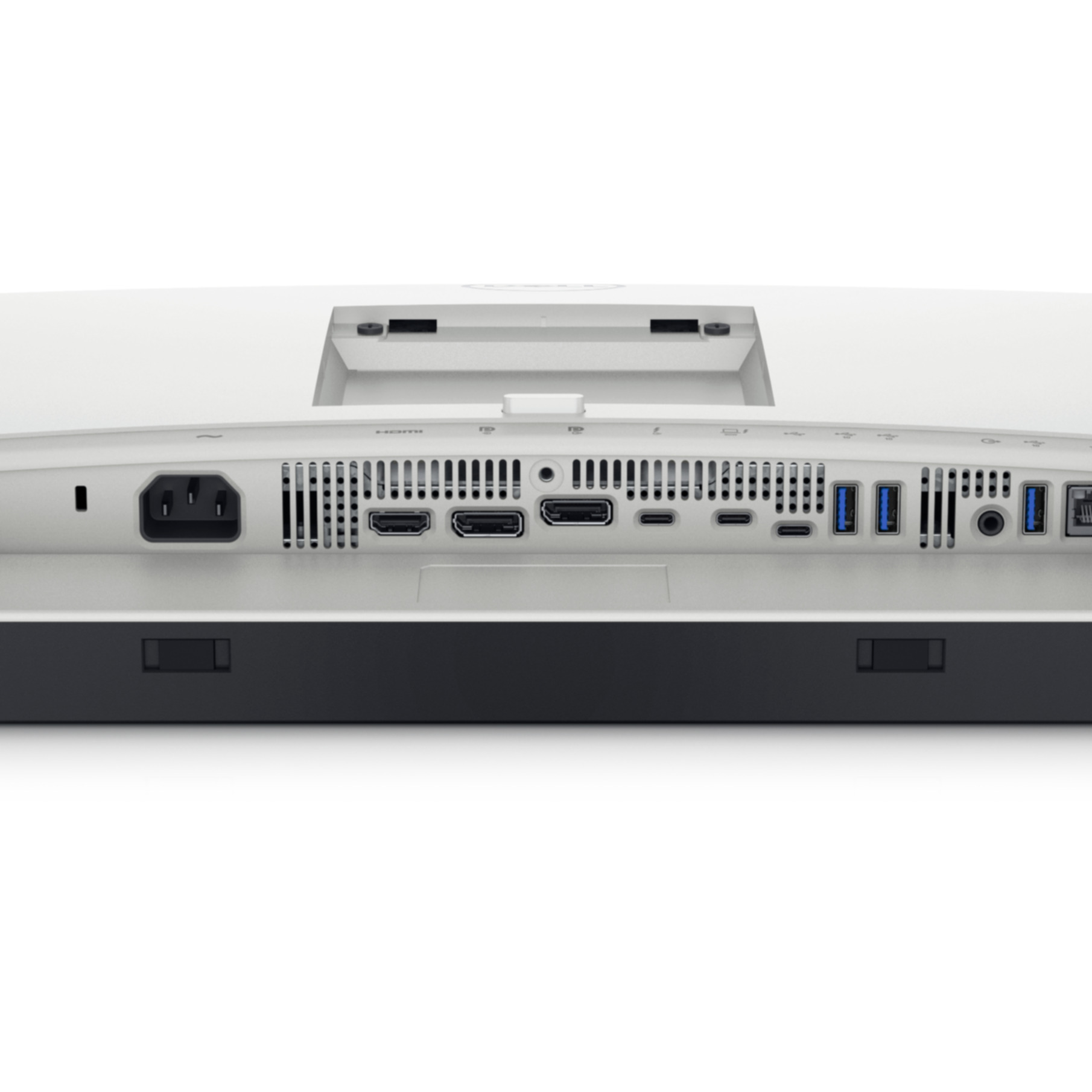 Biały tył komputera z portami, czarna podstawa. Porty obejmują zasilanie, HDMI, USB i inne.