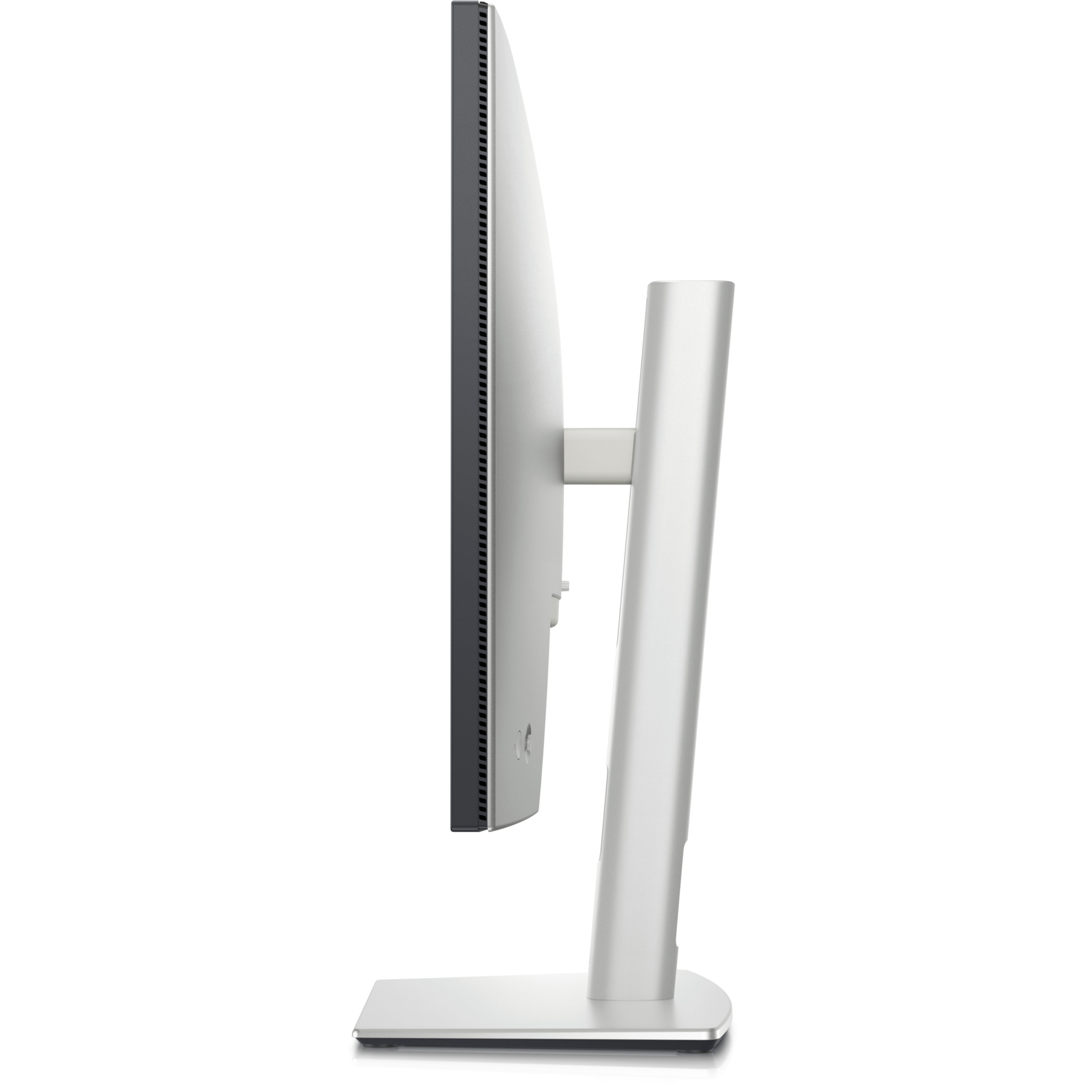 Widok z boku srebrnego monitora komputera z białym ekranem, wspartego na srebrnej podstawie.