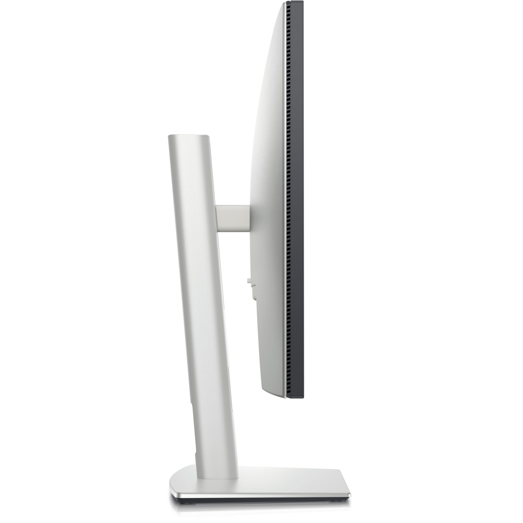 Widok z boku monitora. Monitor ma srebrną podstawę i czarny ekran.