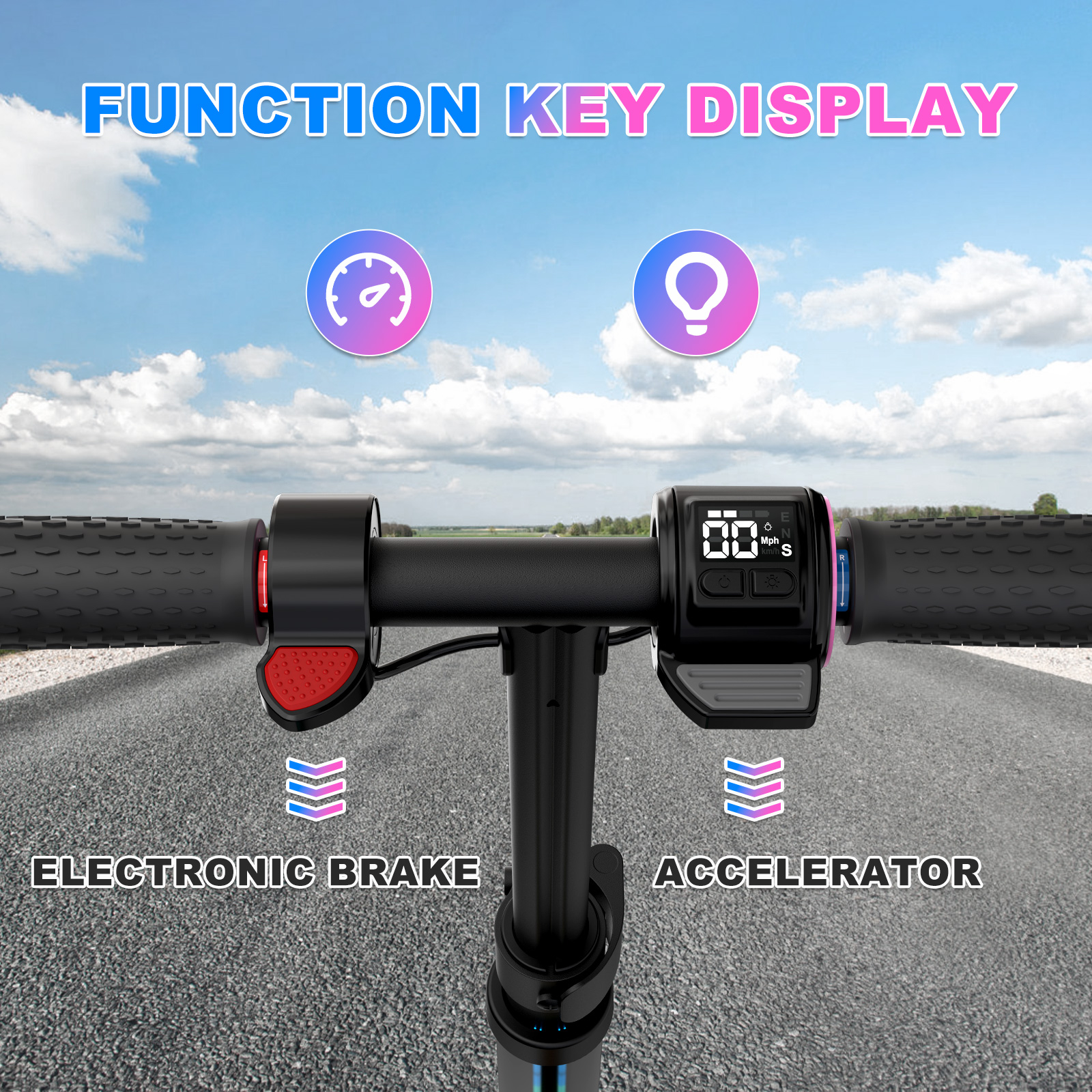 Zbliżenie kierownicy skutera z hamulcem elektronicznym i przyspieszaczem.