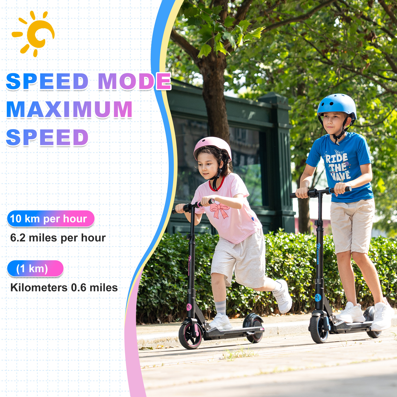 Dwoje dzieci na hulajnogach. Tryb prędkości i informacje o prędkości maksymalnej.