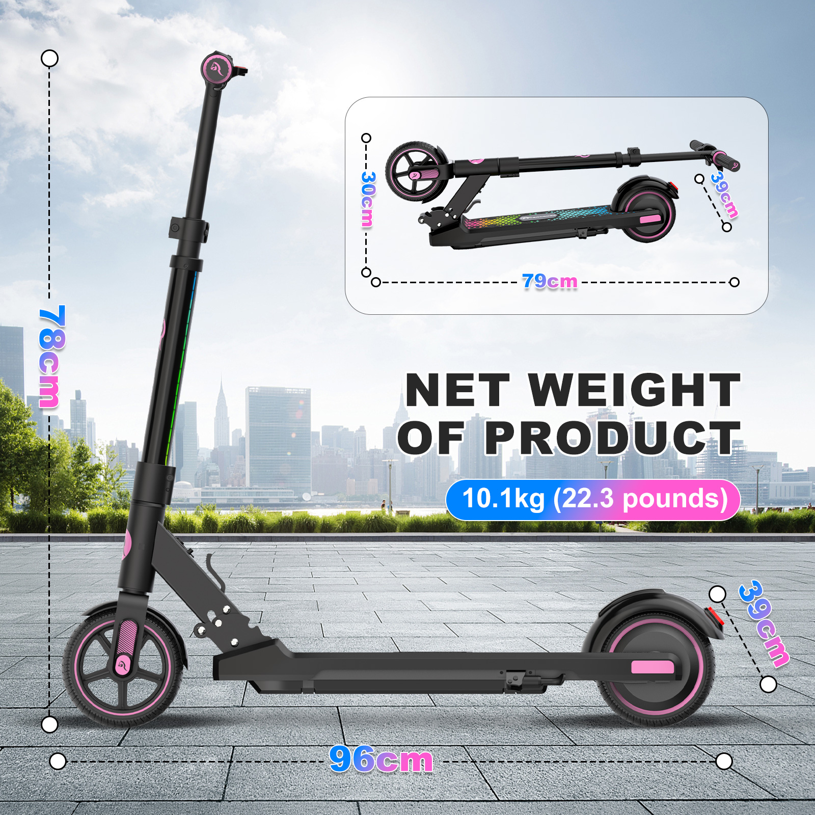 Hulajnoga z wymiarami i wagą netto na tle miasta.