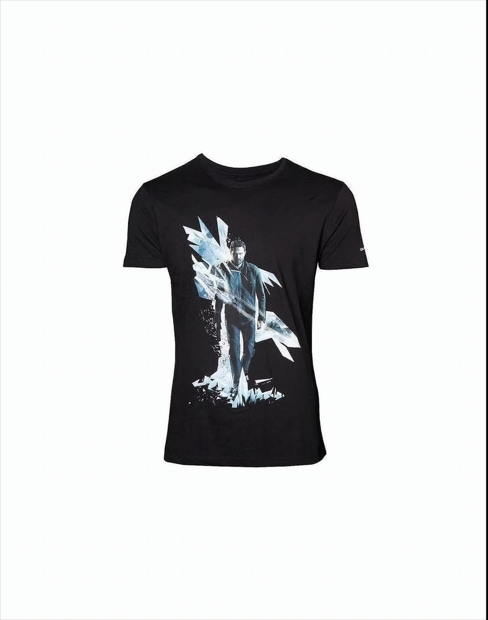 Schwarzes T-Shirt mit einem Mann und abstrakten Formen in Weiß. Weißer Hintergrund.