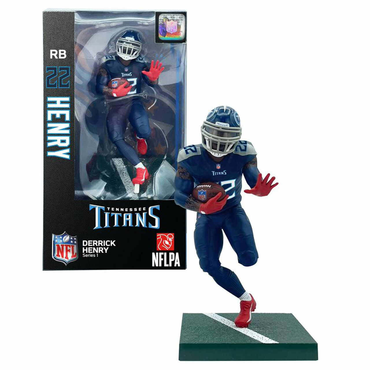 NFL Derrick Henry-Figur in einer Box, trägt blaue Uniform, rennt mit Ball.
